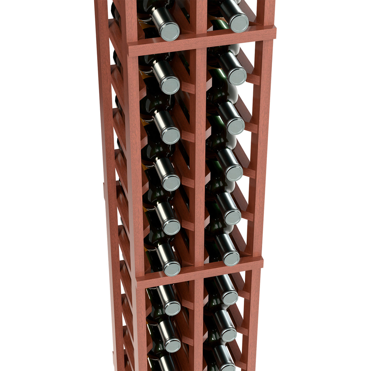 Two-column wine rack, 6ft tall, reddish wood with bottles in front slots