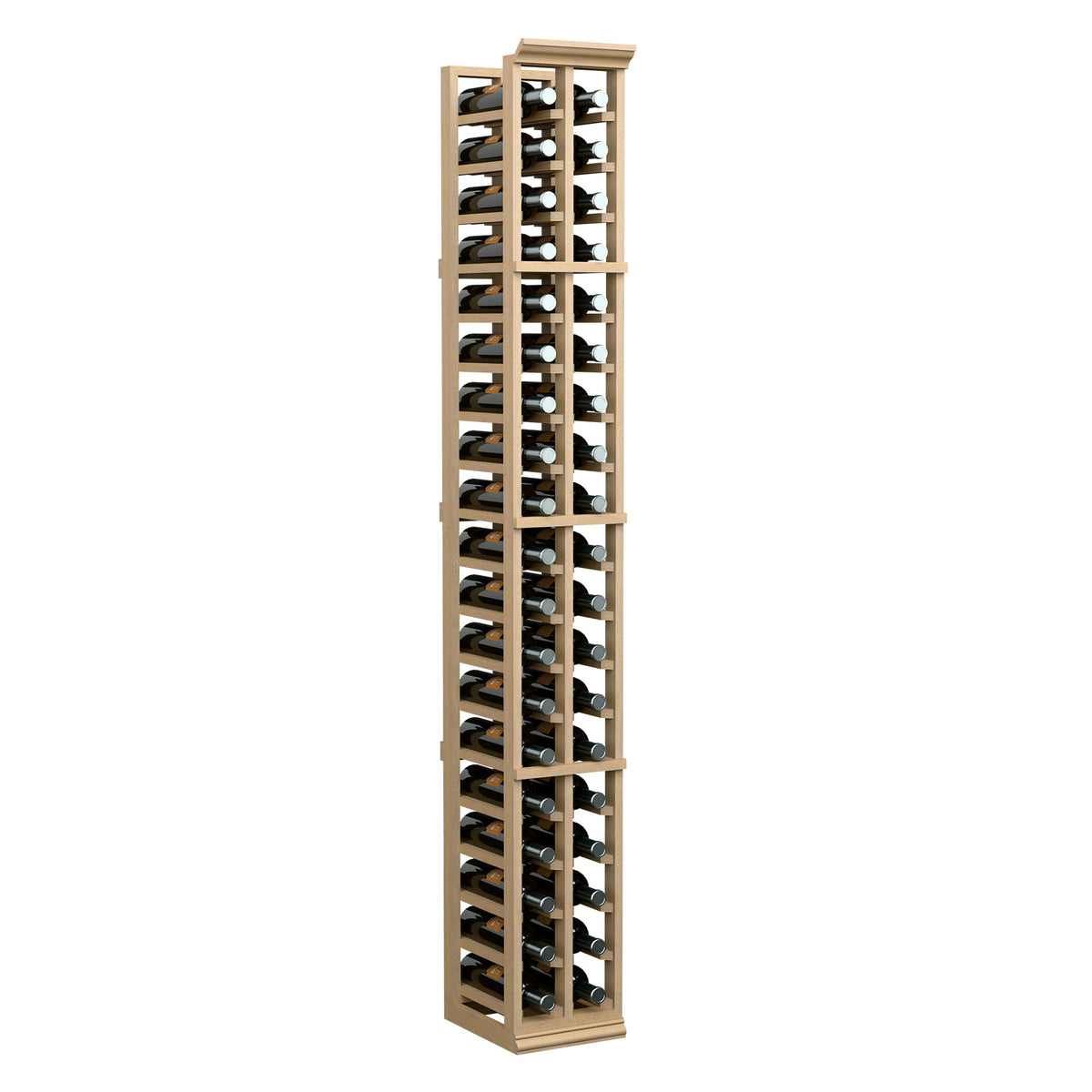 Two-column wine rack, 6ft tall, light wood standing unit holding wine bottles