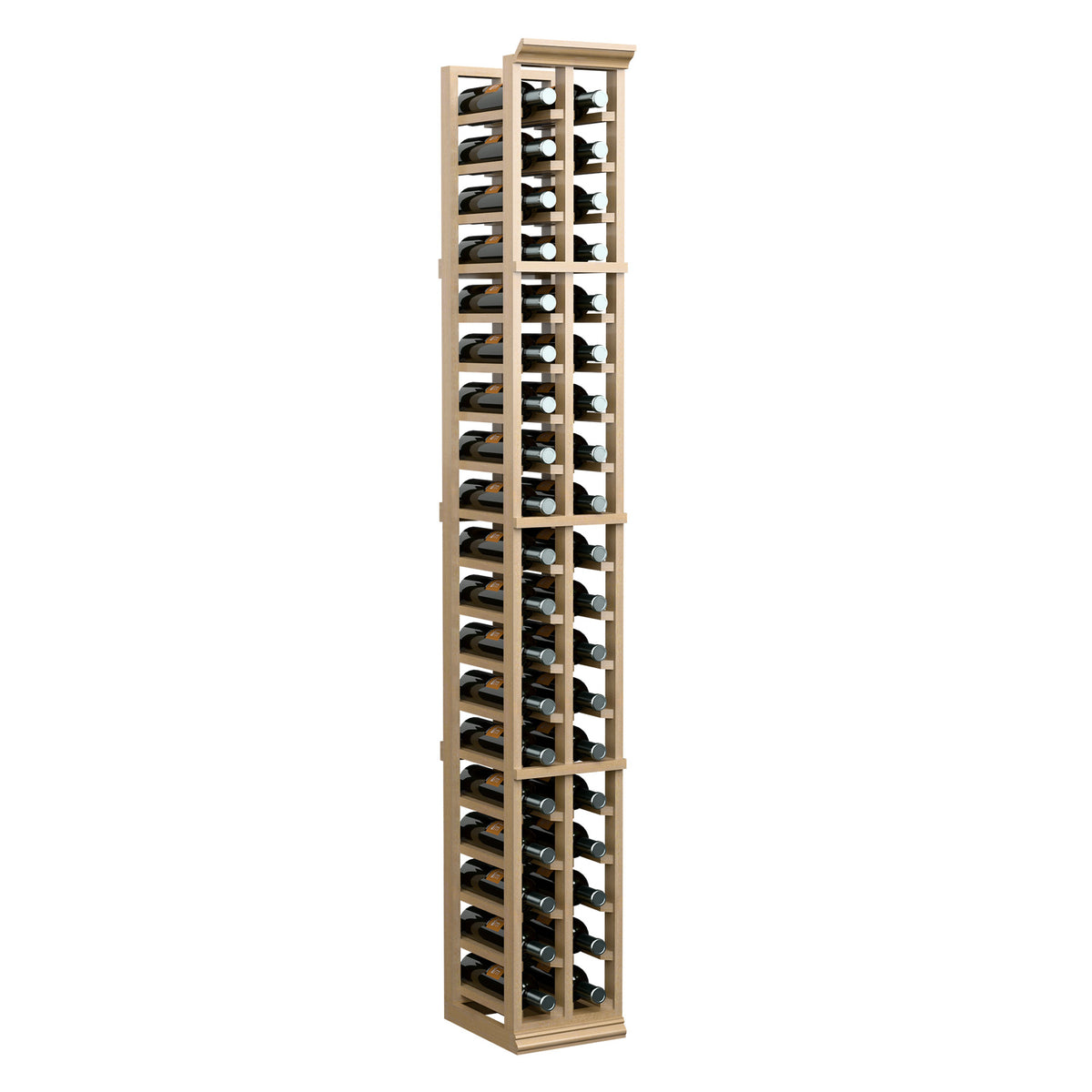 Tall two-column wine bottle storage rack with open front, side view