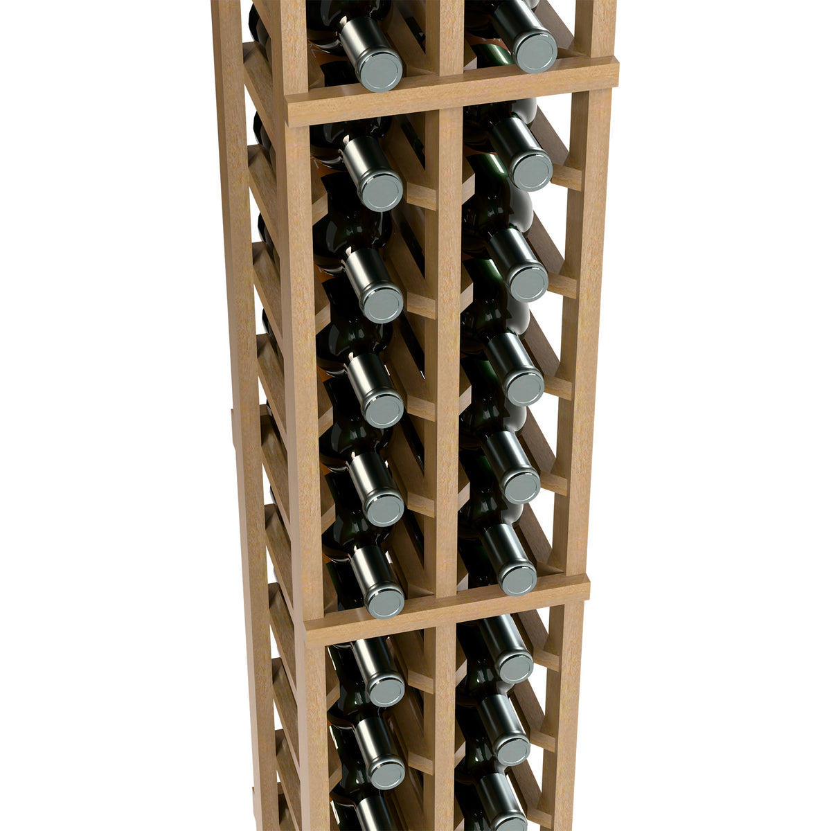 Two-column wine bottle rack in wood frame, front angle with bottle slots