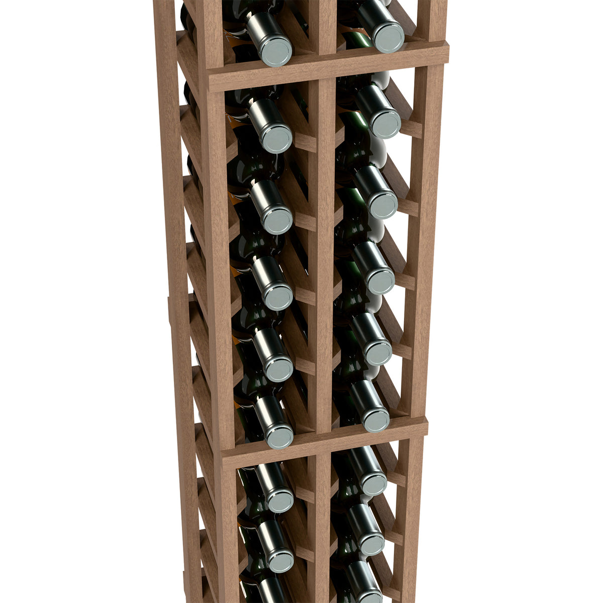 Wood two-column wine rack holding bottles in individual angled slots