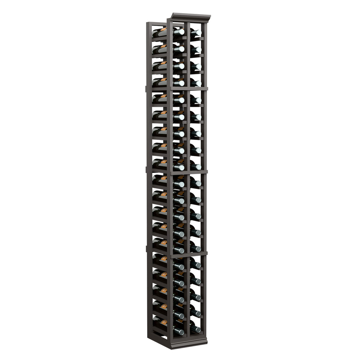 Tall wine bottle rack with two columns of angled slots in wooden frame