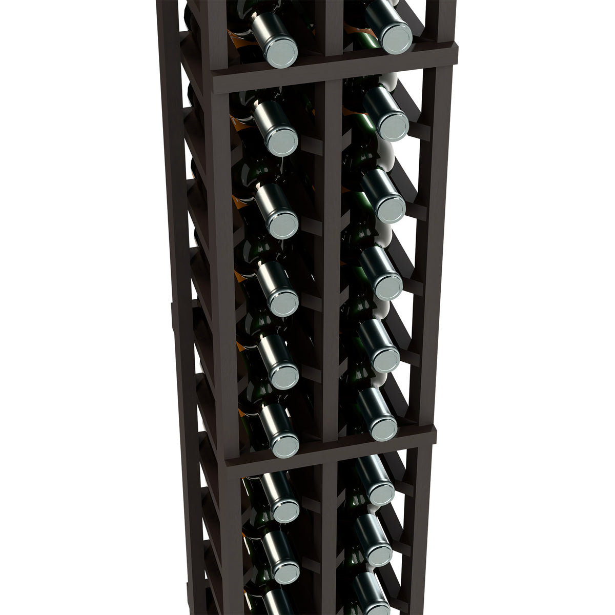 Dark-stained wood two-column wine bottle rack with angled bottle slots