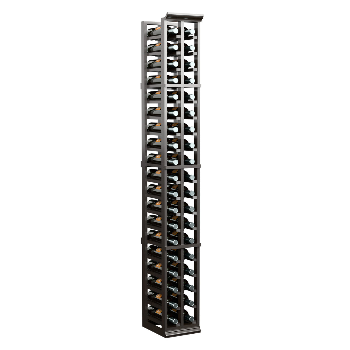 Tall dark wine bottle storage rack with two columns of bottle slots
