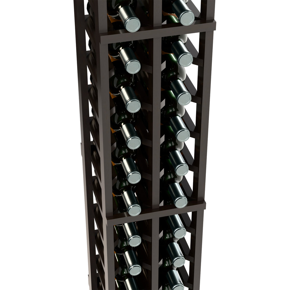 Two-column 6ft wine bottle rack in dark wood, filled with bottles.