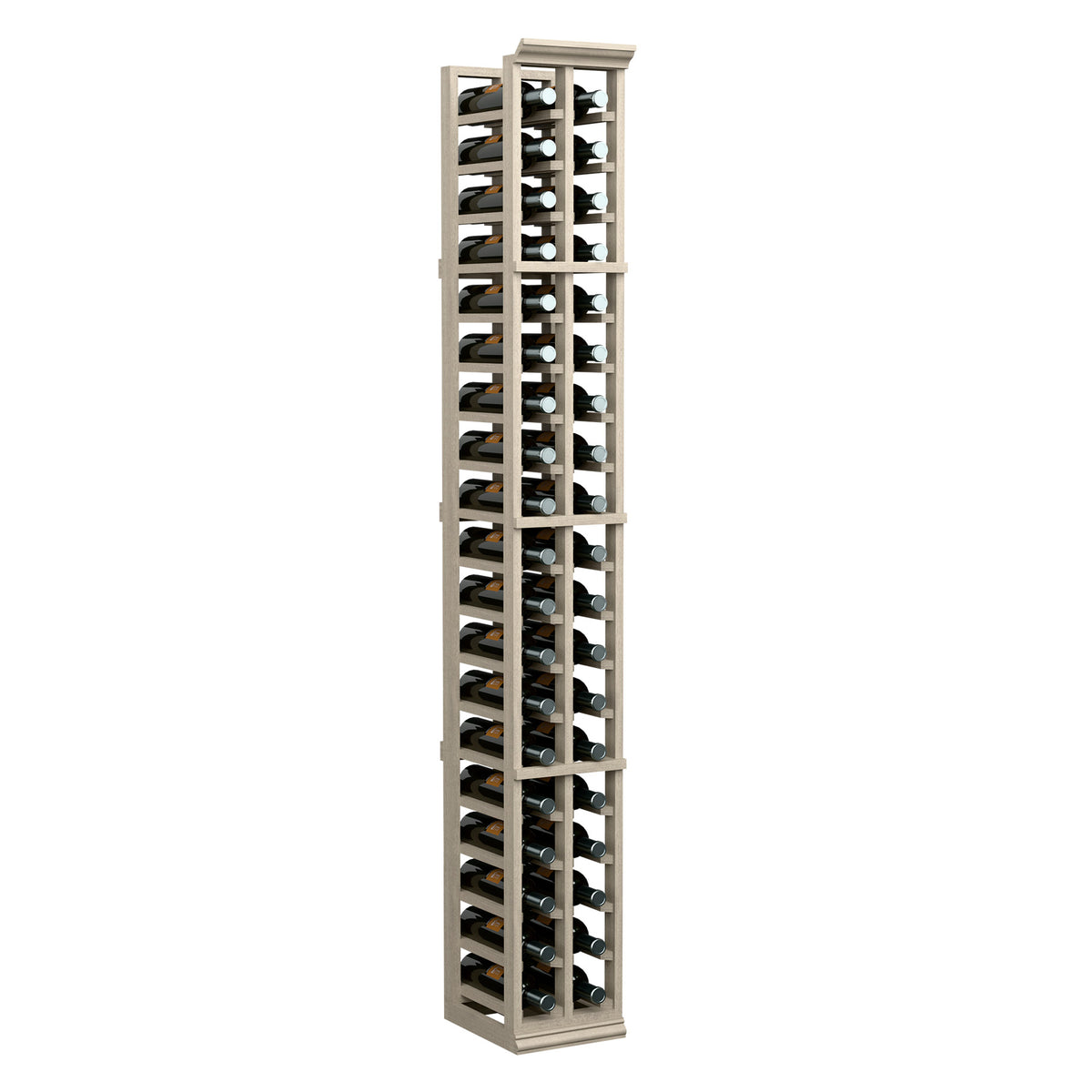 Two-column 6ft wine bottle rack in light wood, front view filled with bottles.