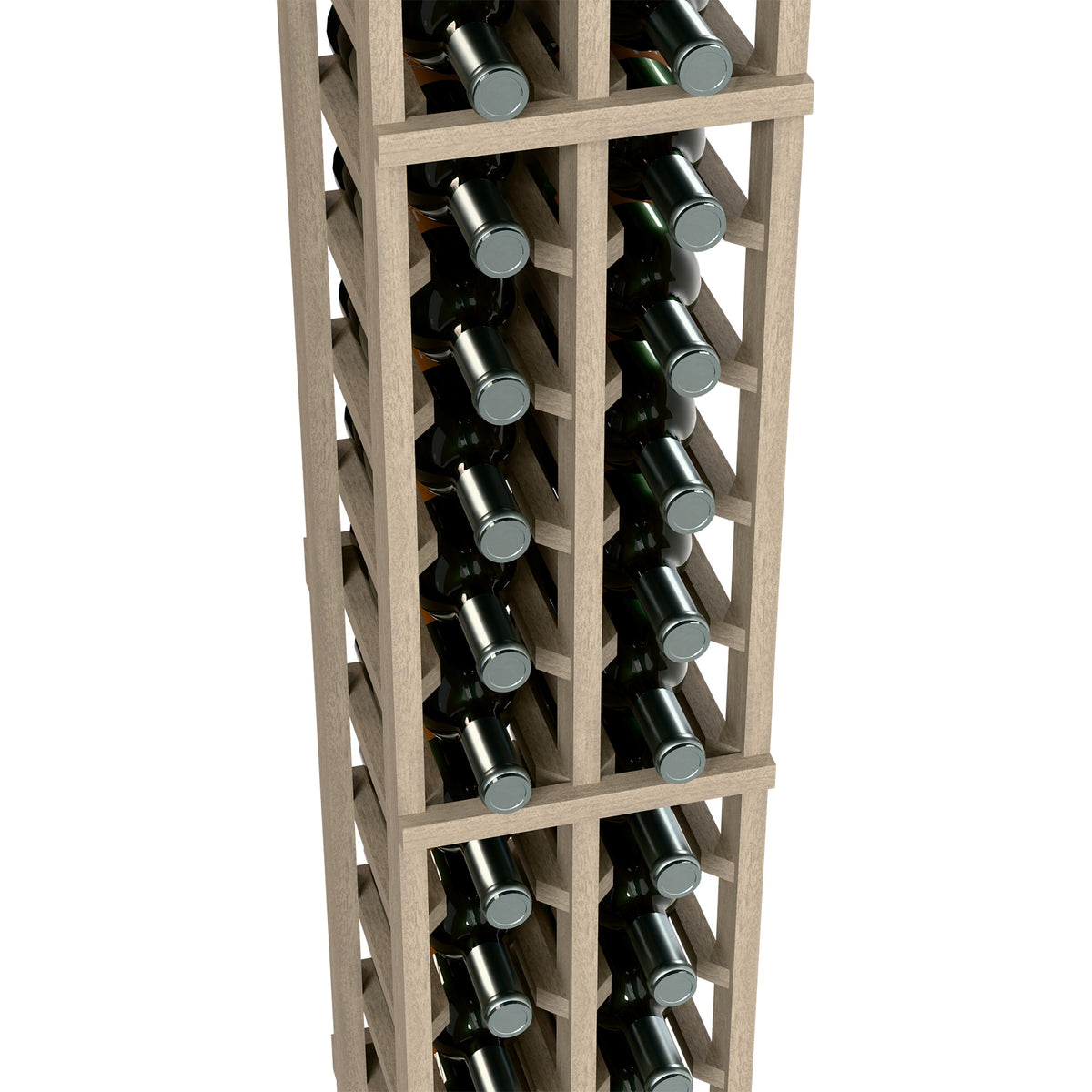 Two-column 6ft wine bottle rack in medium light wood, filled with bottles.