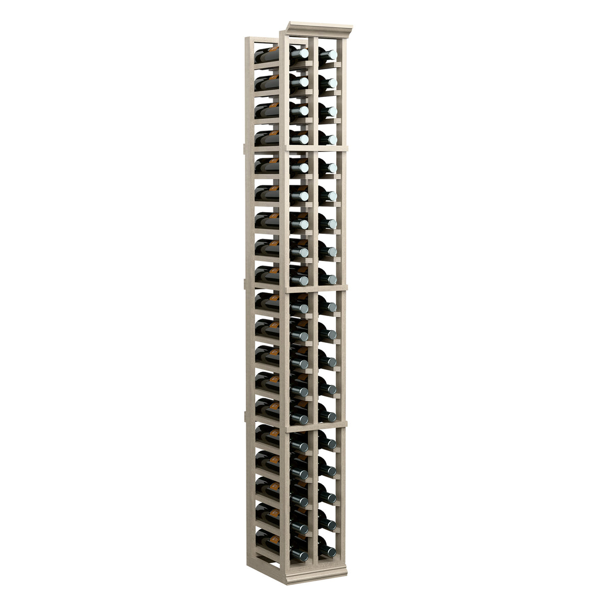 Two-column 6ft wine bottle rack in medium light wood, front view filled with bottles.