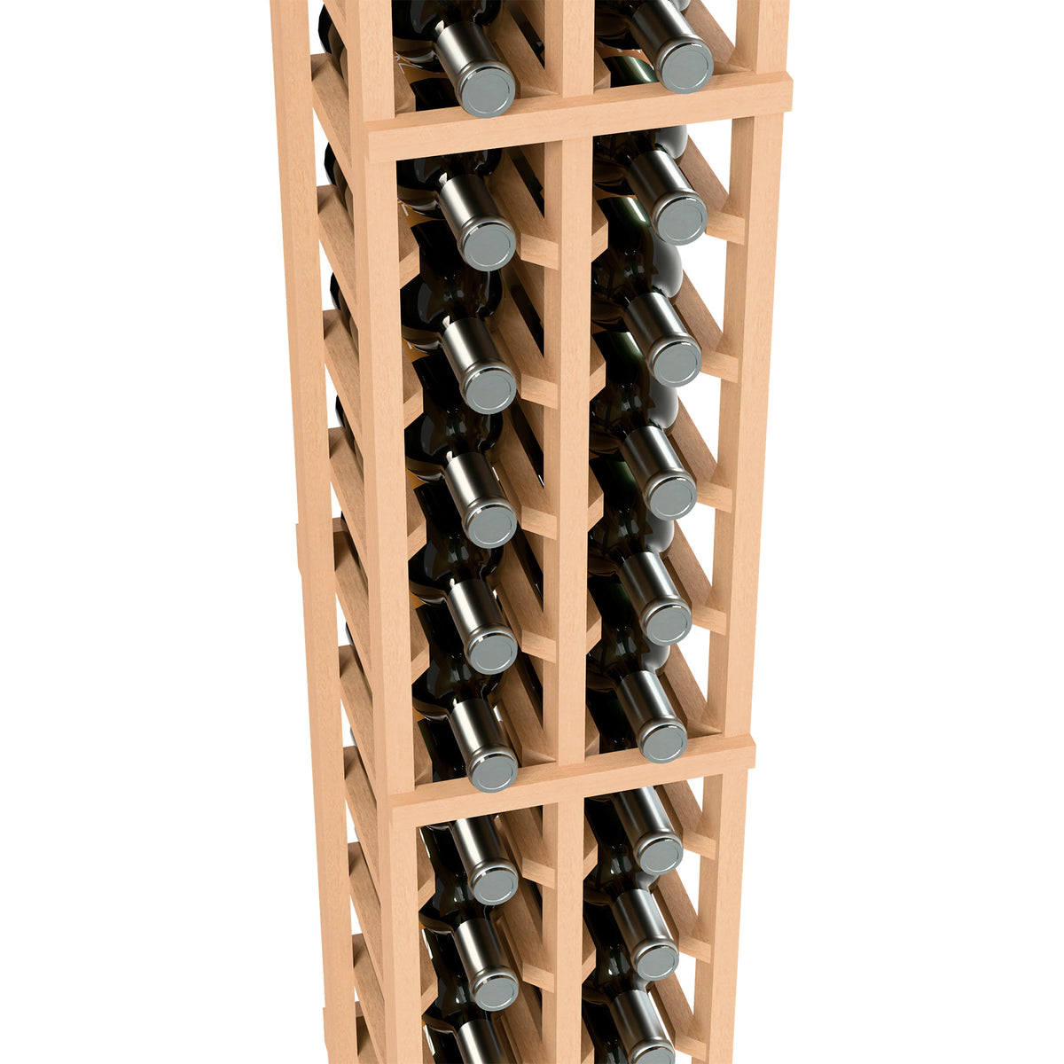 Two-column 6ft wine bottle rack in light wood, close-up of bottle rows.