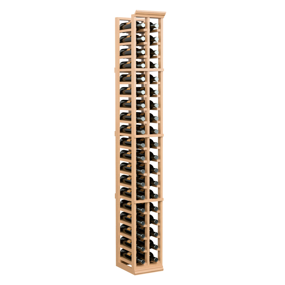Two-column 6ft wine bottle rack in light wood, front view filled with bottles.