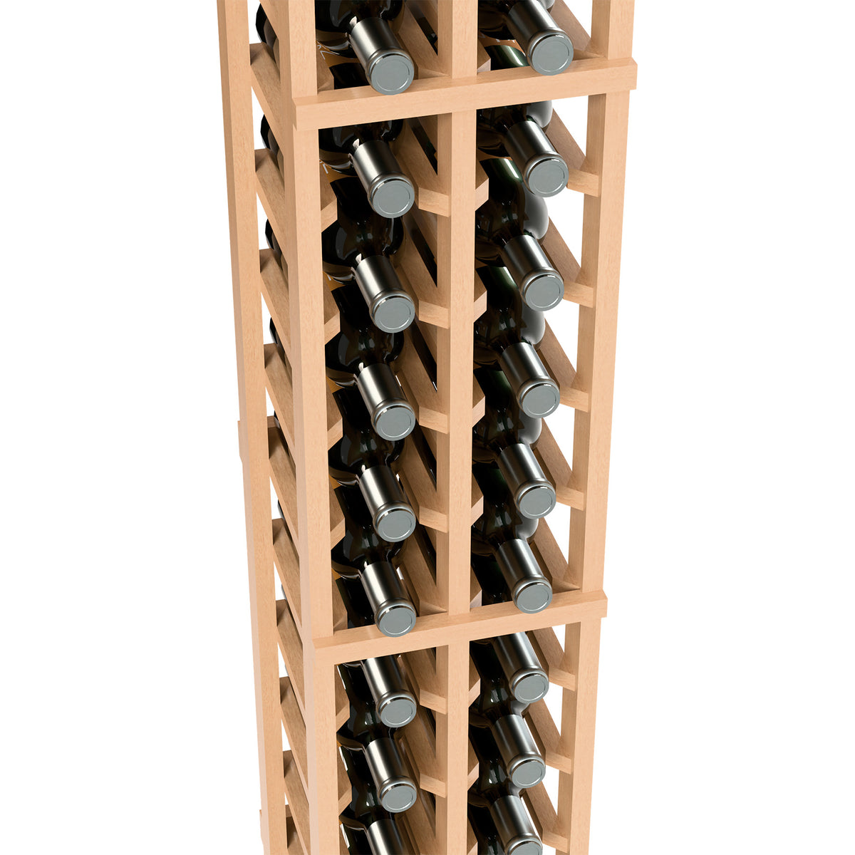 Two-column 6ft wine bottle rack in light wood, close-up of filled compartments.