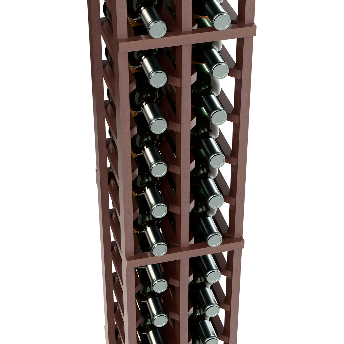 Two-column wine bottle rack with dark wood frame and dark green bottles