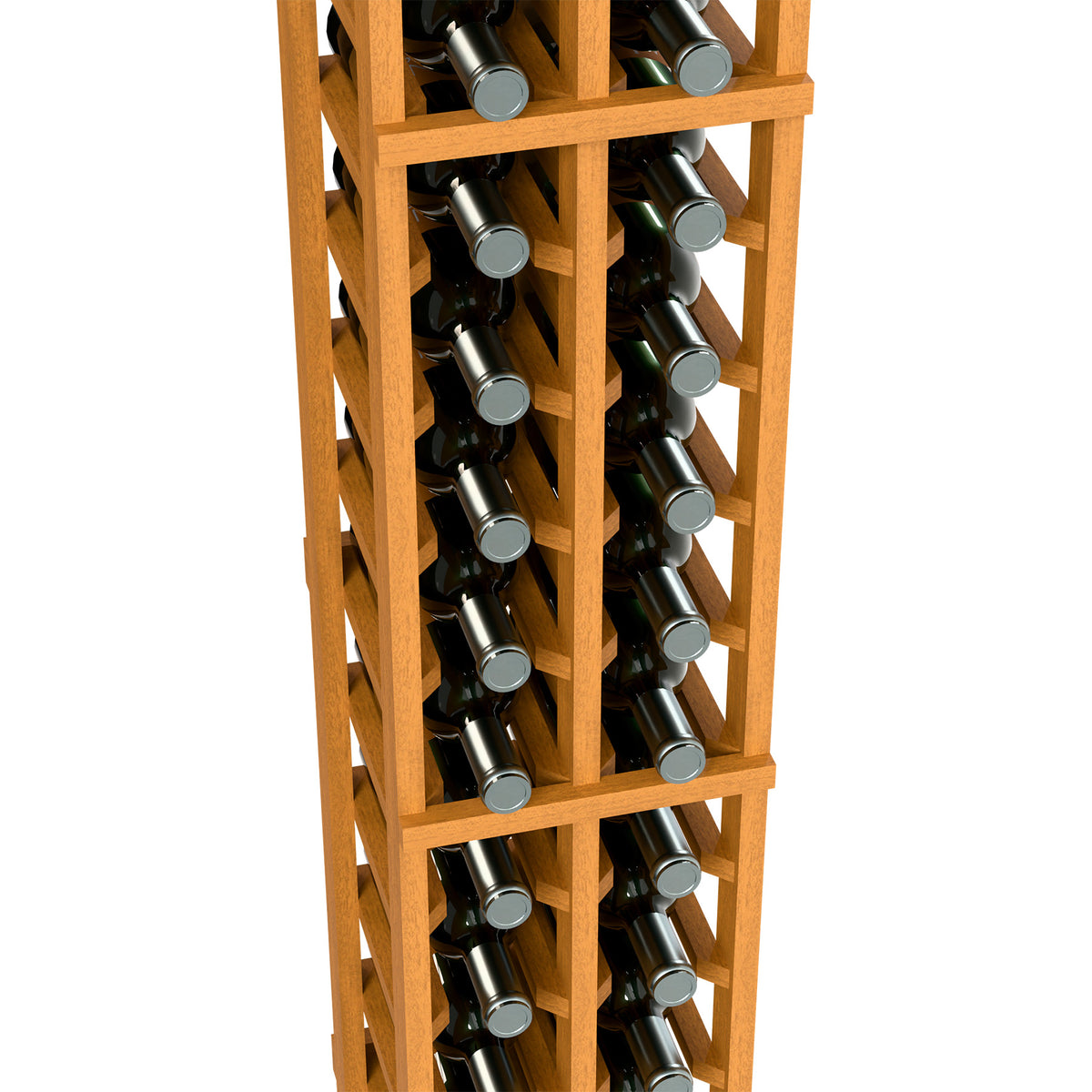 Light wood wine bottle rack with two columns, holding dark green bottles