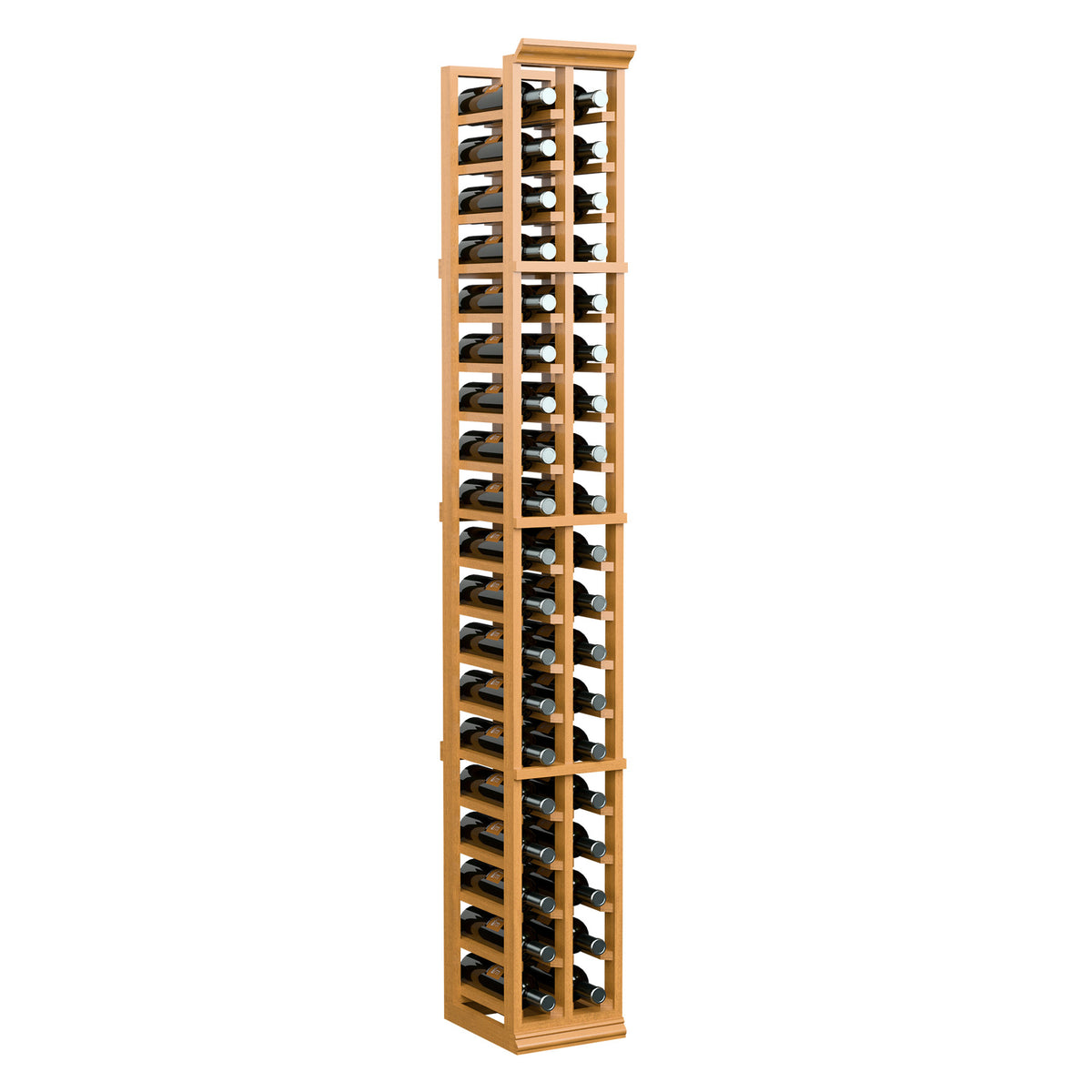 Tall light wood wine bottle rack with two columns of wine bottles