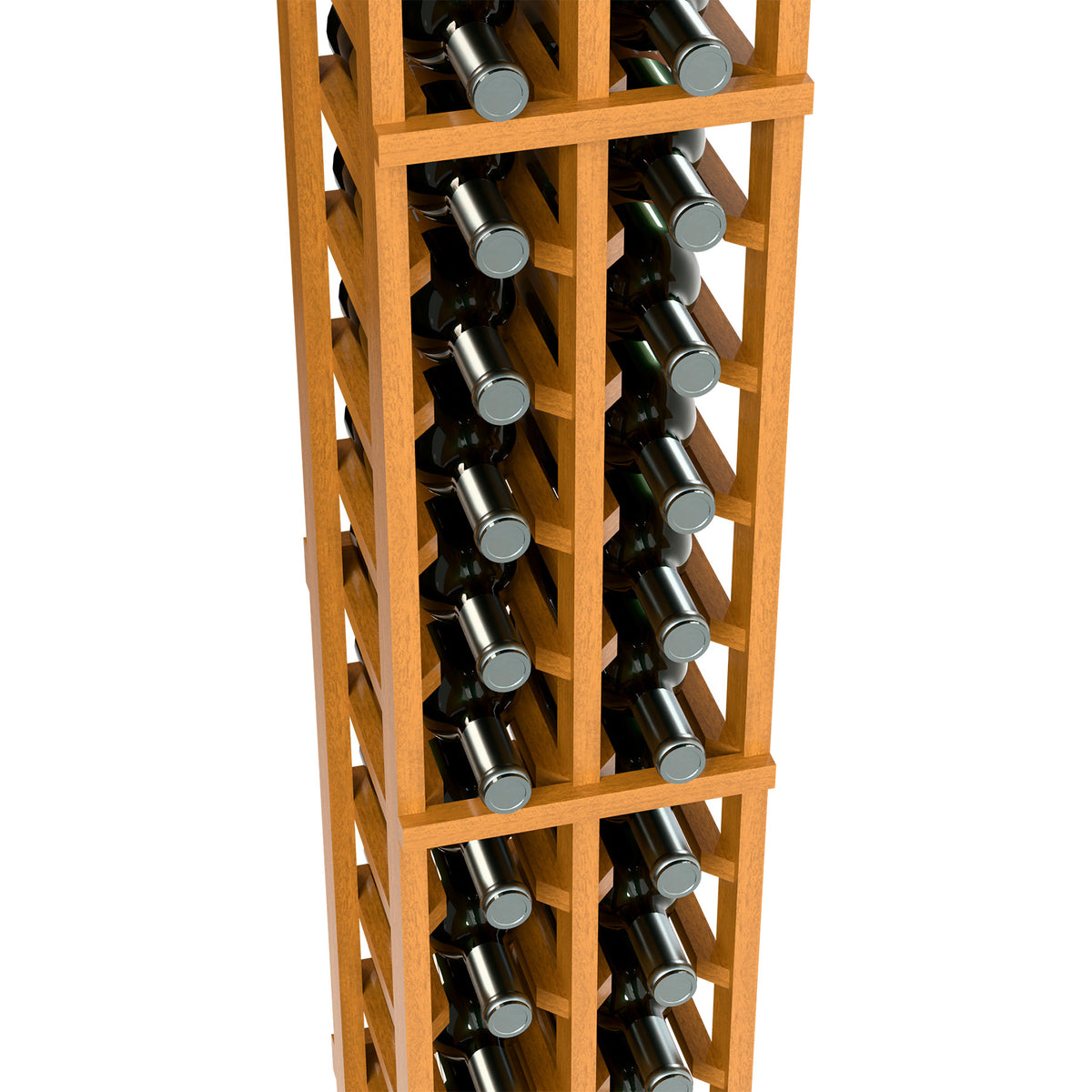 Light wood two-column wine bottle rack with dark green bottles