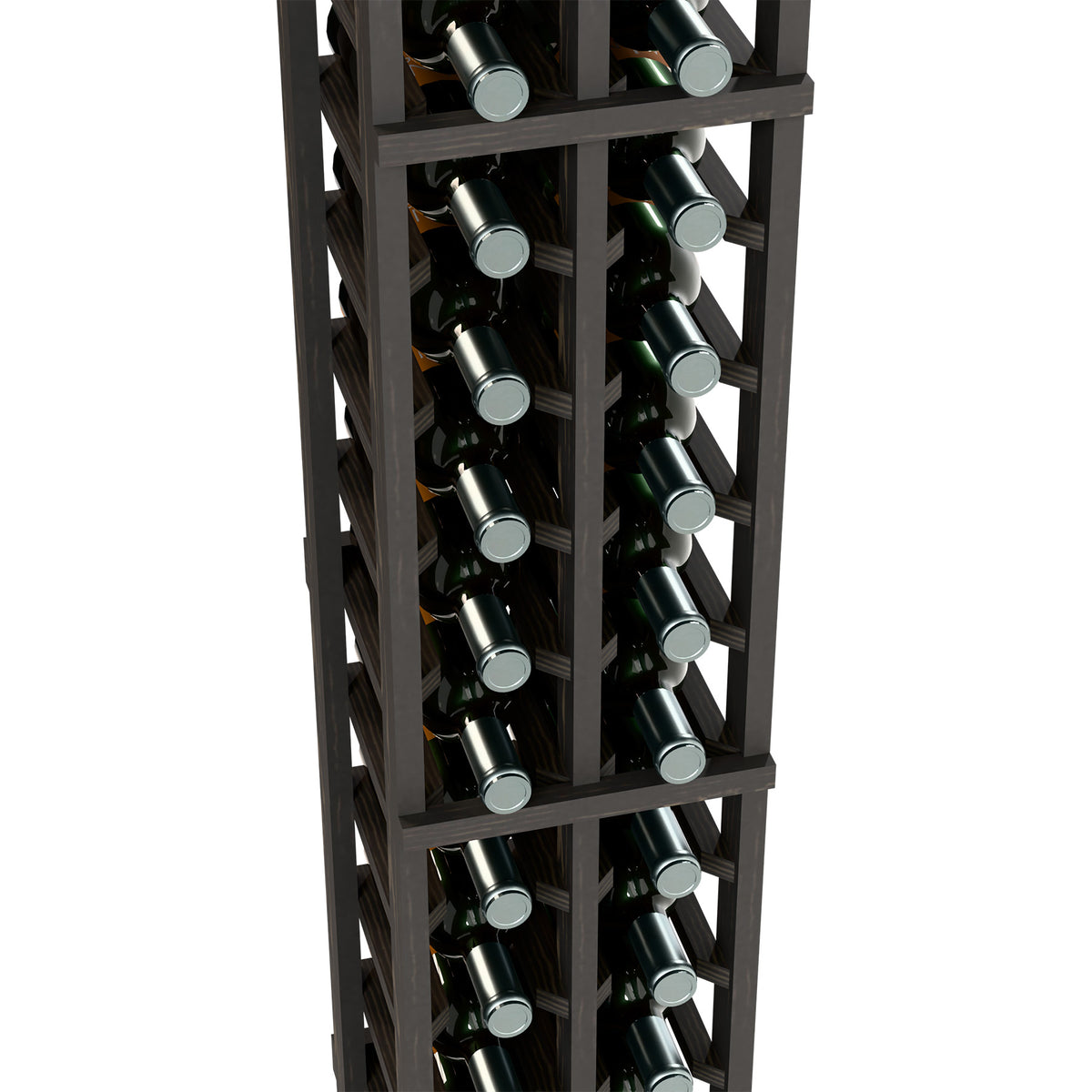 6-ft two-column wine bottle rack close-up with dark wood frame and wine bottle rows