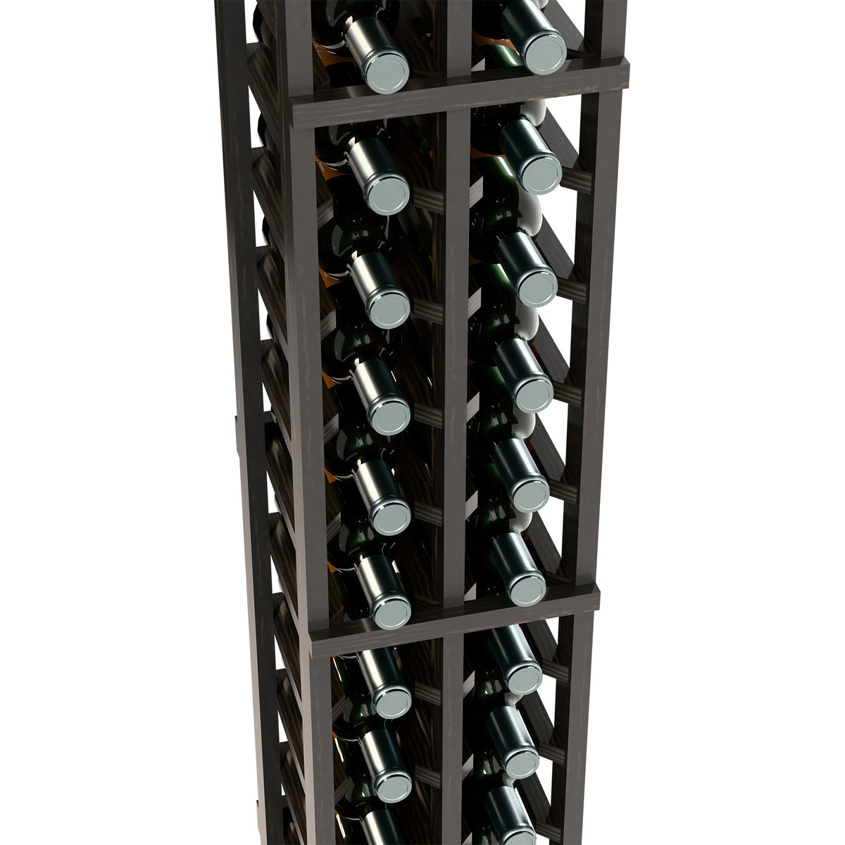 6-ft two-column wine bottle rack close-up with dark wood frame and stacked wine bottles