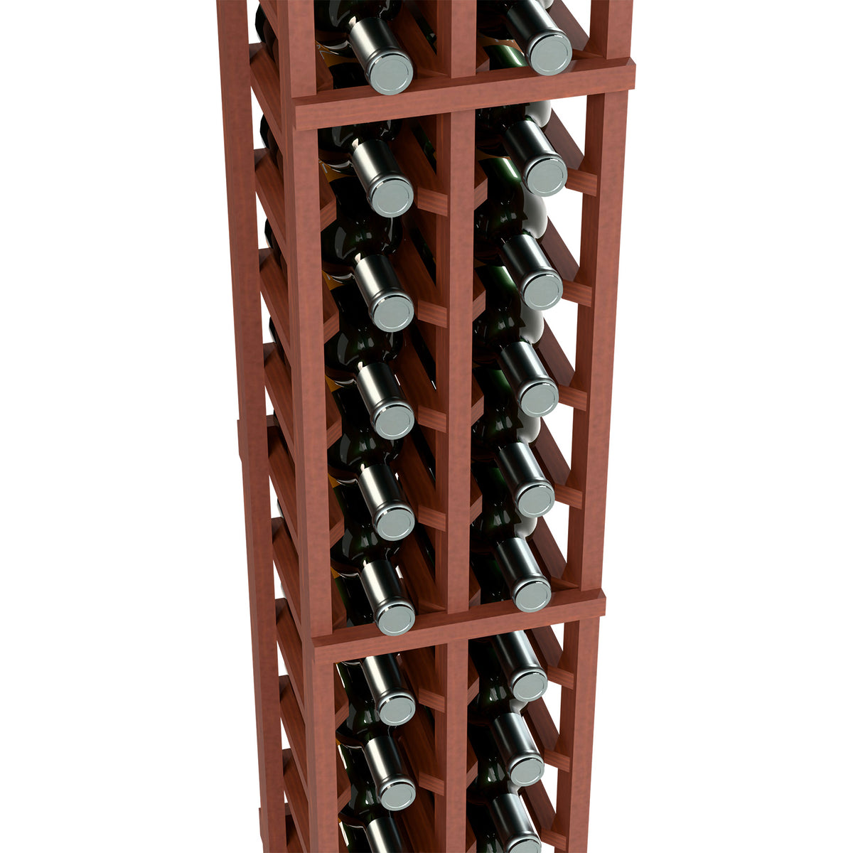 6-ft two-column wine bottle rack close-up with reddish frame and wine bottle rows