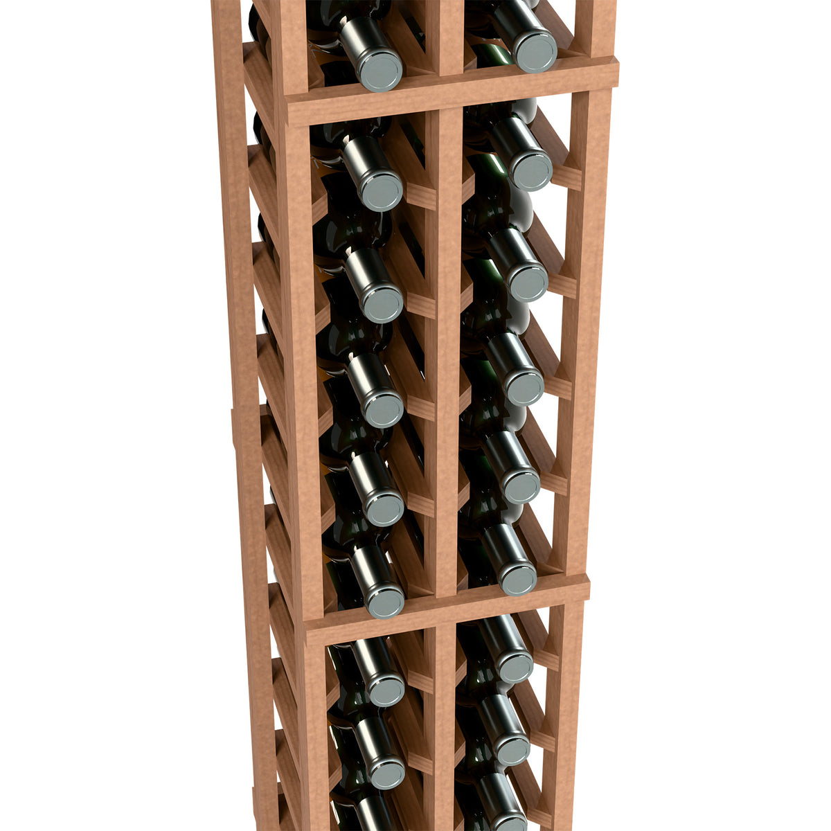 Two-column wooden wine bottle rack with dark bottles, 6 ft tall