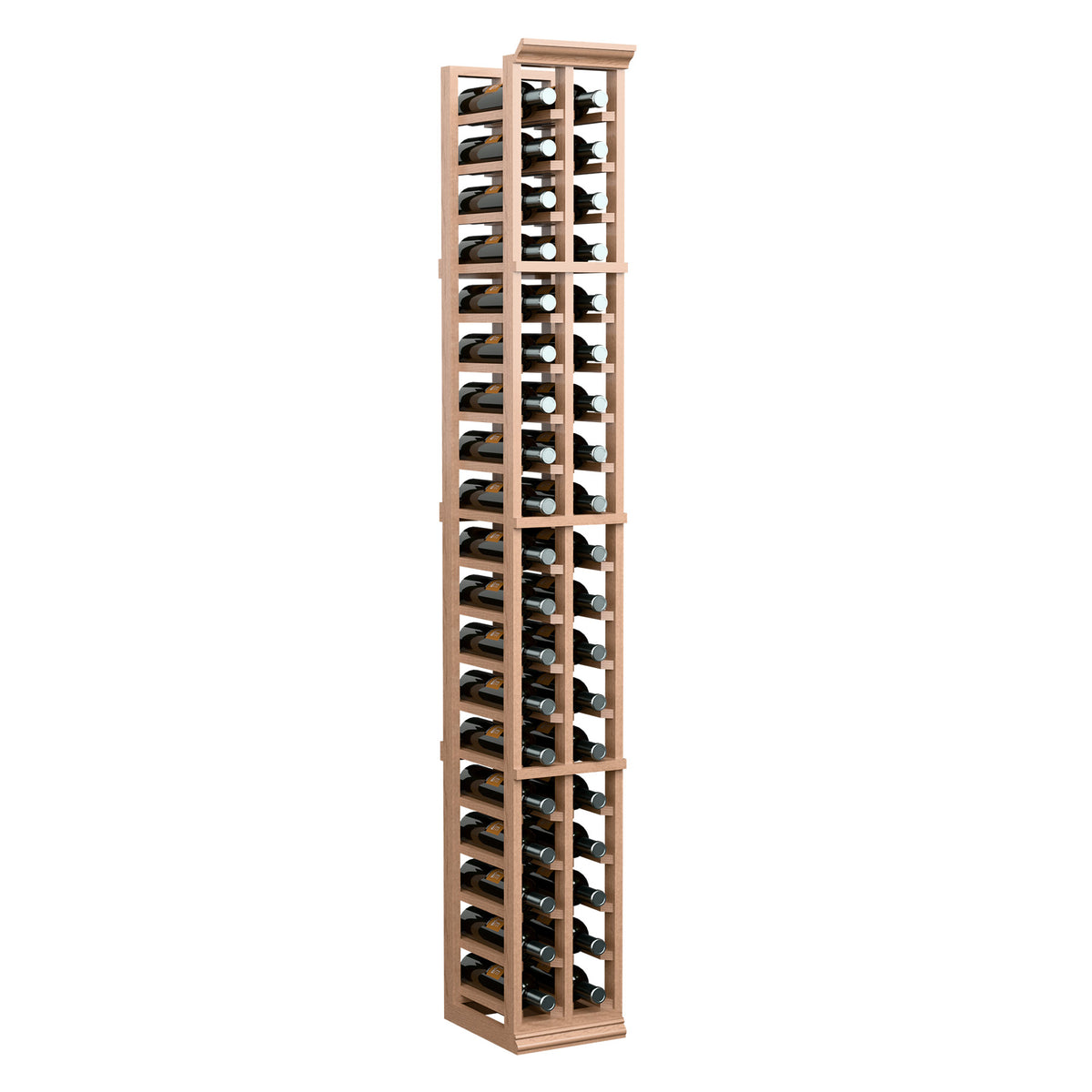 6 ft two-column wooden wine bottle rack, bottles stored in grid rows