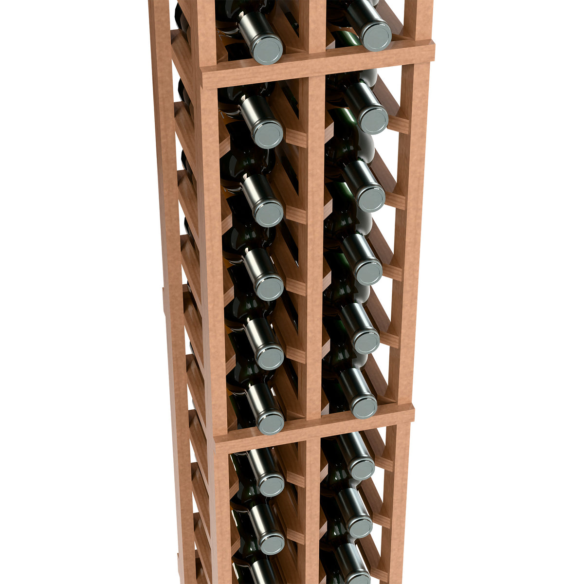 Two-column wooden wine bottle rack, close-up of bottle rows