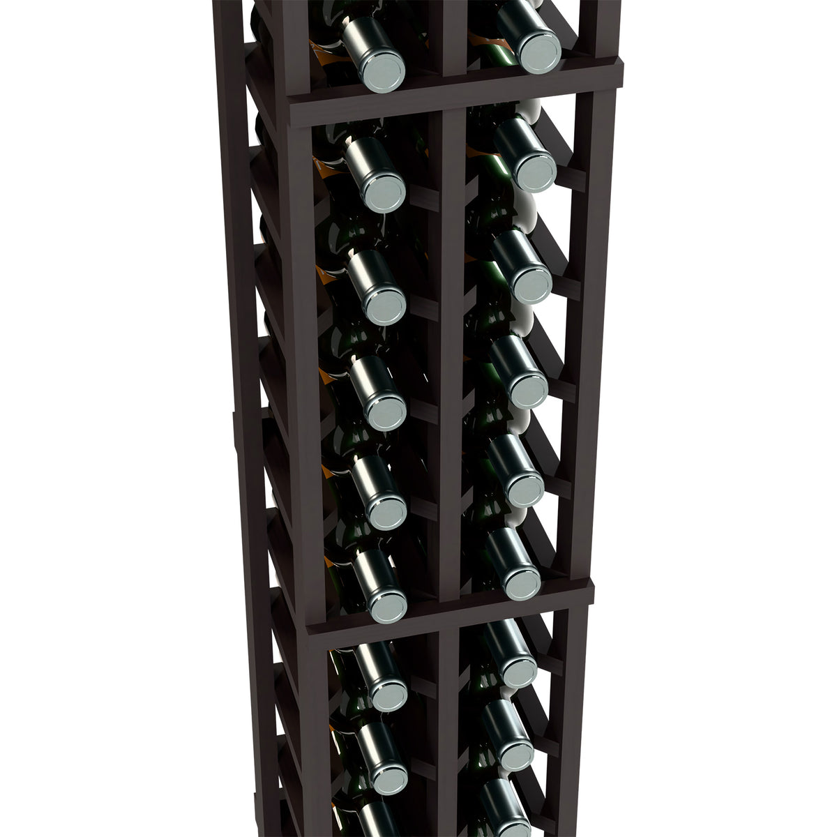 Two-column dark wood wine bottle rack, close-up of bottle rows