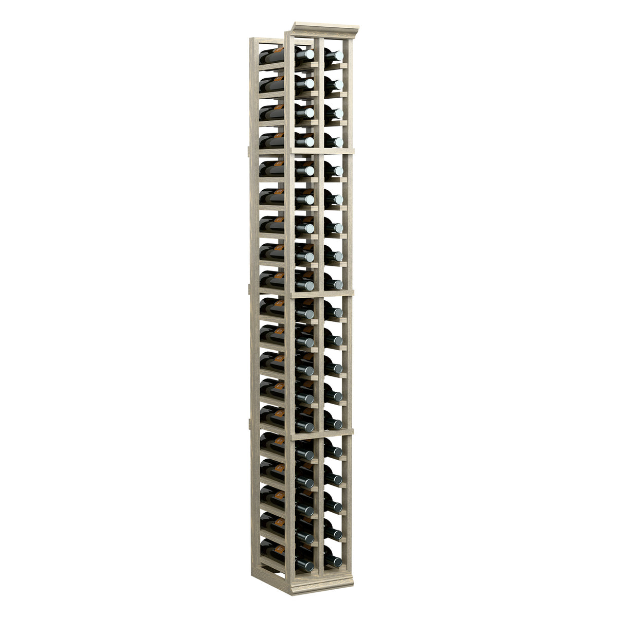 2-column 6-ft wine bottle rack, tall light wood shelving with bottles in holders
