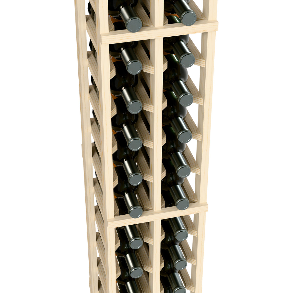 2-column wine bottle rack in light wood with rows of bottles, vertical display.