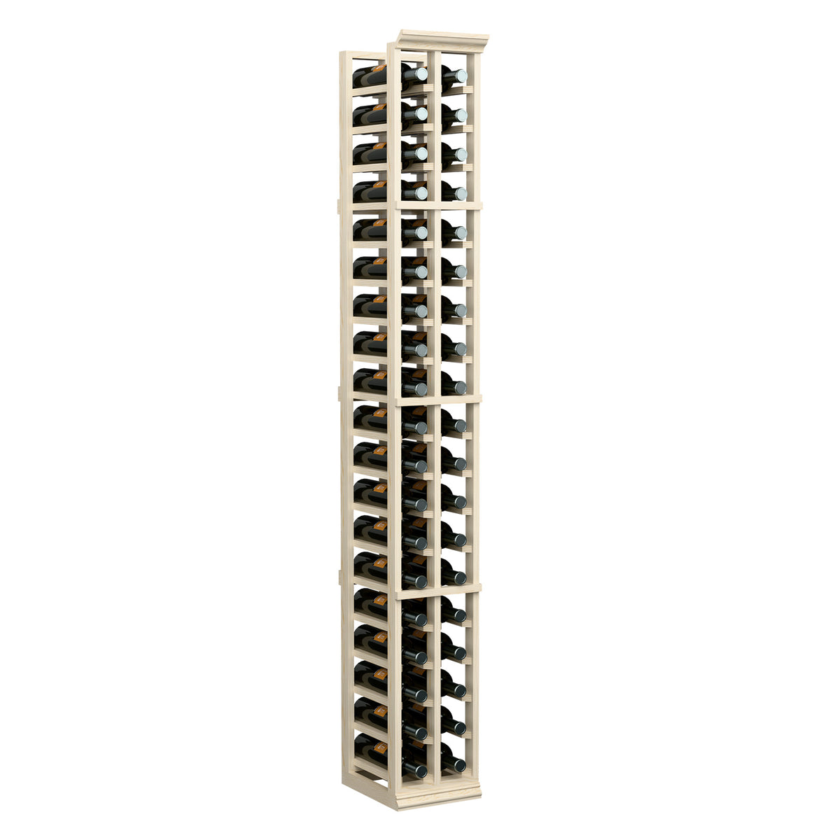 2-column 6-ft wine bottle rack, tall light wood frame with bottles in front slots