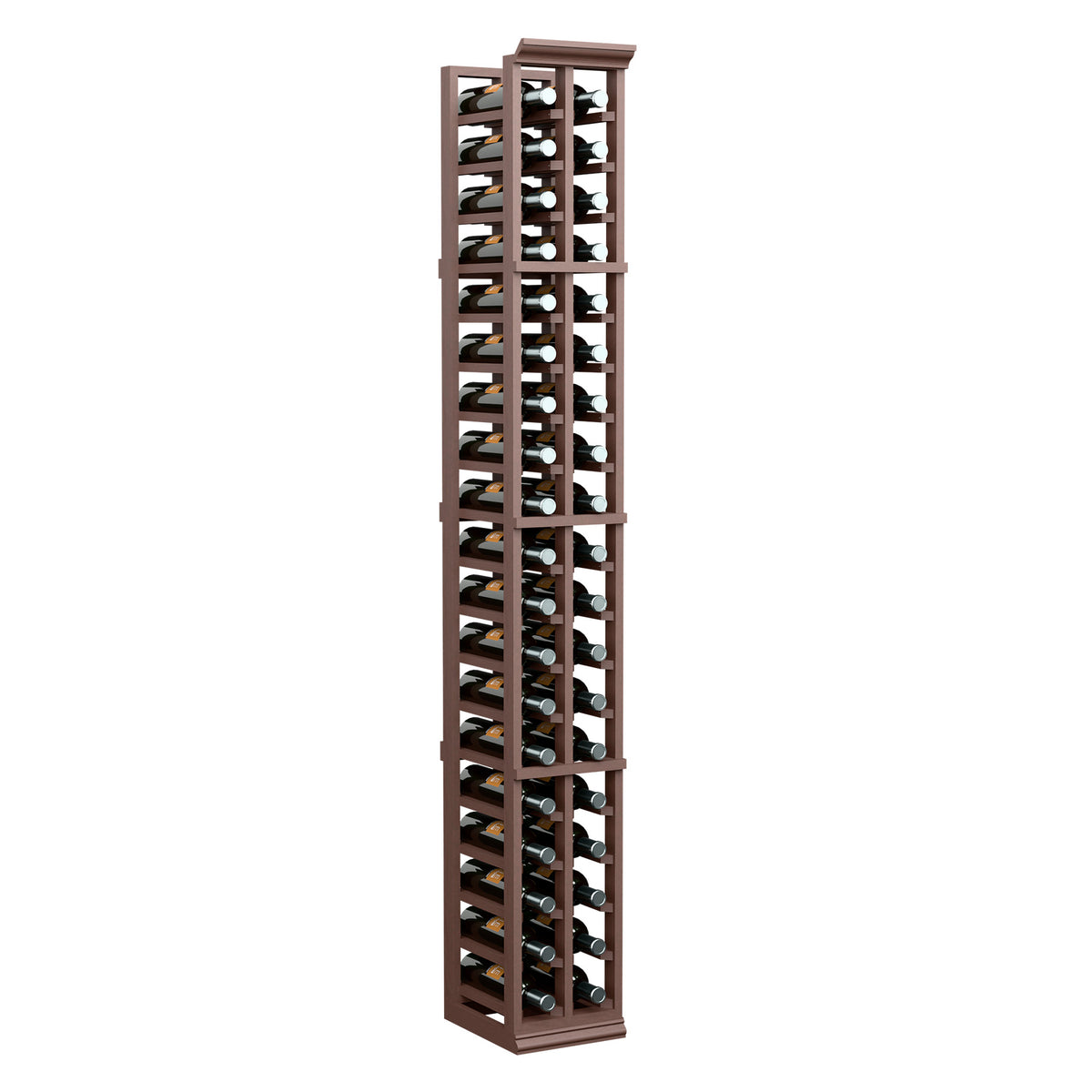 2-column 6-ft wine bottle rack, dark brown wood frame with bottles in the grid