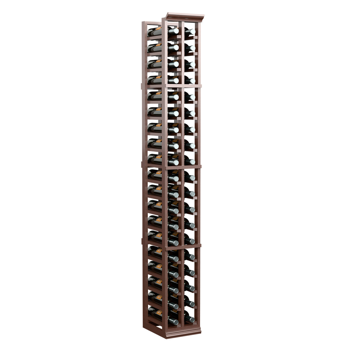Wood wine bottle rack with two columns of bottle holders, tall full-height view
