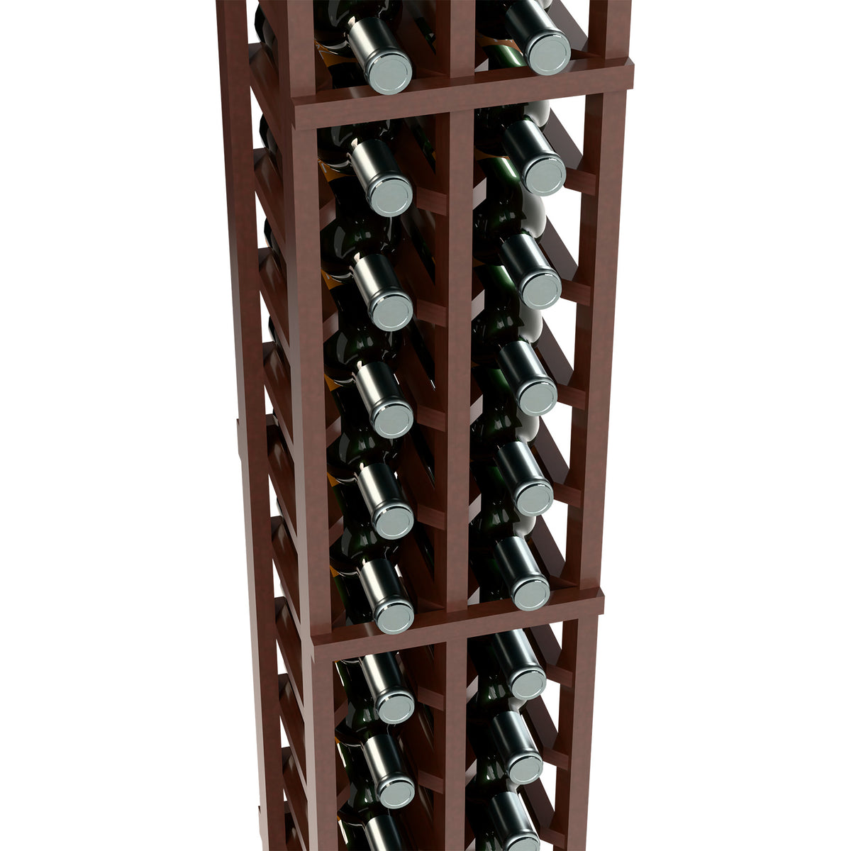 Dark wood wine bottle rack close-up showing bottle rows and interior dividers