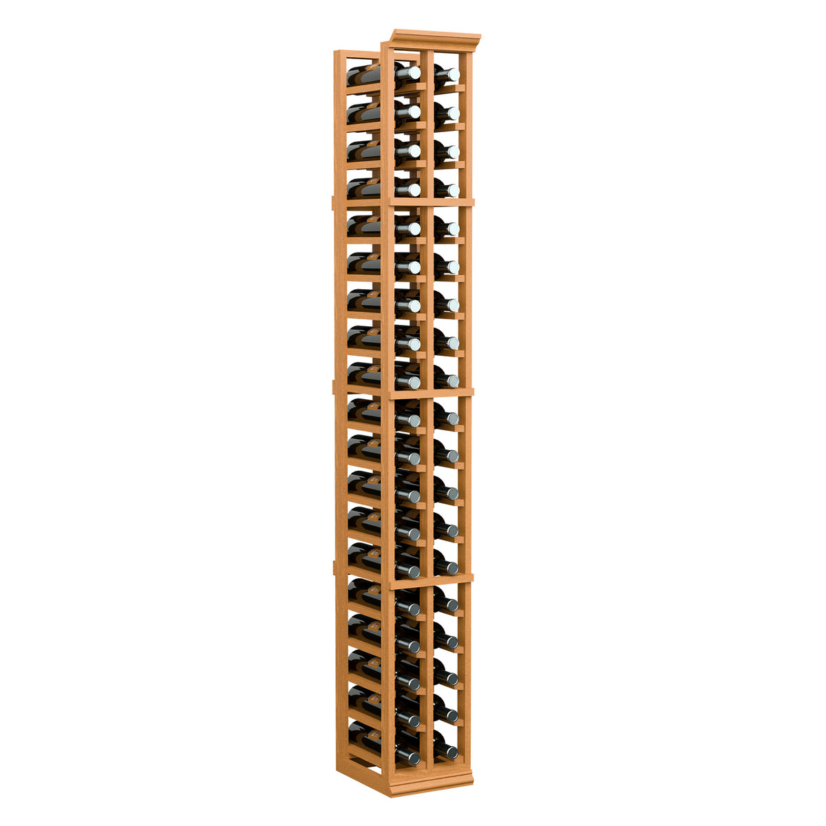 Light wood wine bottle rack with two columns of bottle holders, tall full view