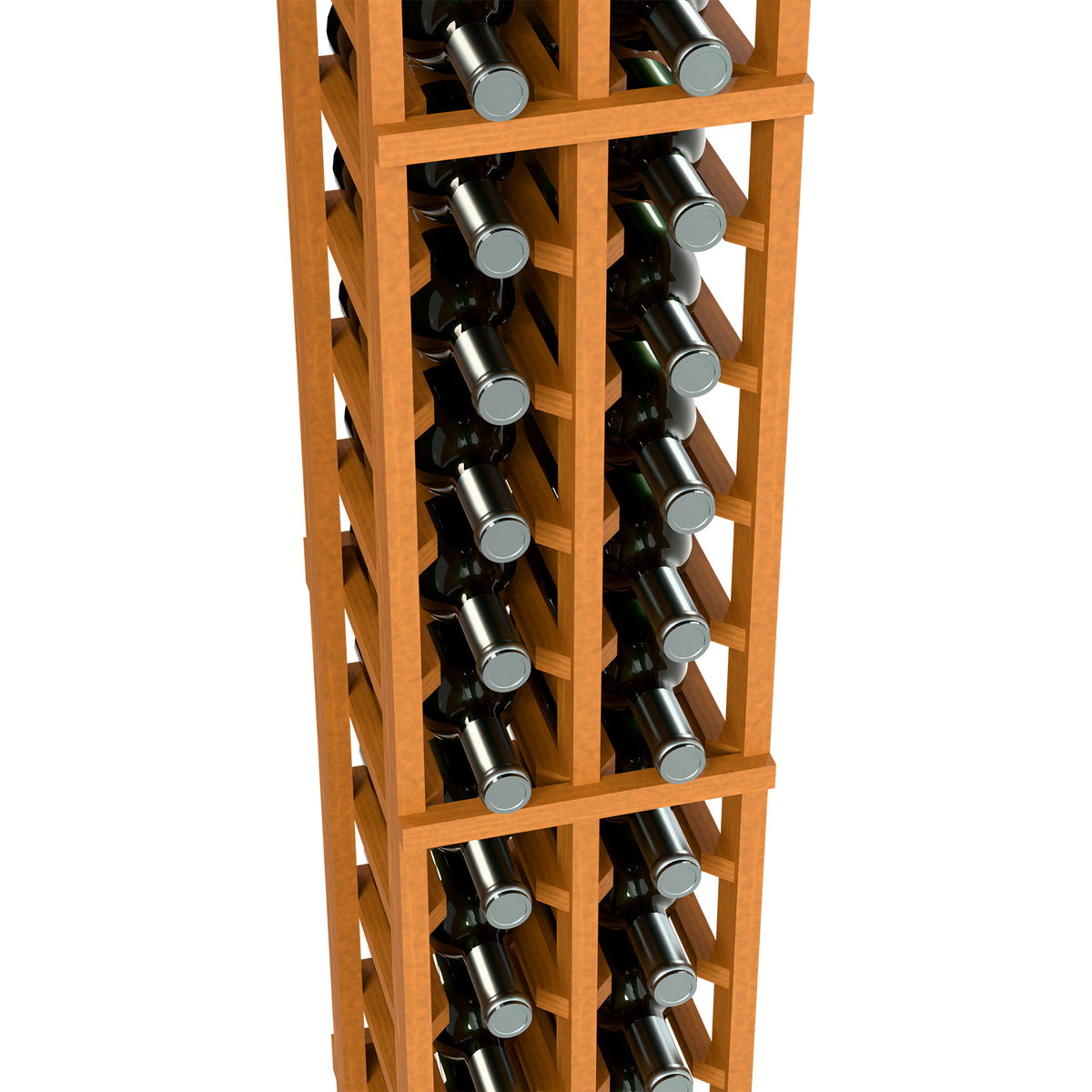 Close-up of light wood wine bottle rack with two columns and bottle slots
