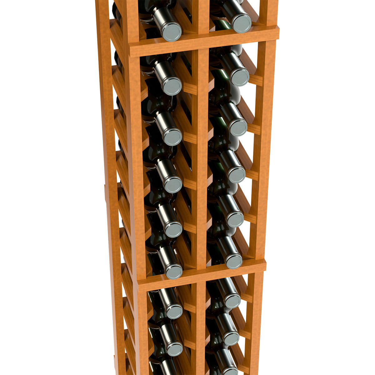 Close-up of natural wood wine bottle rack showing two-column bottle rows