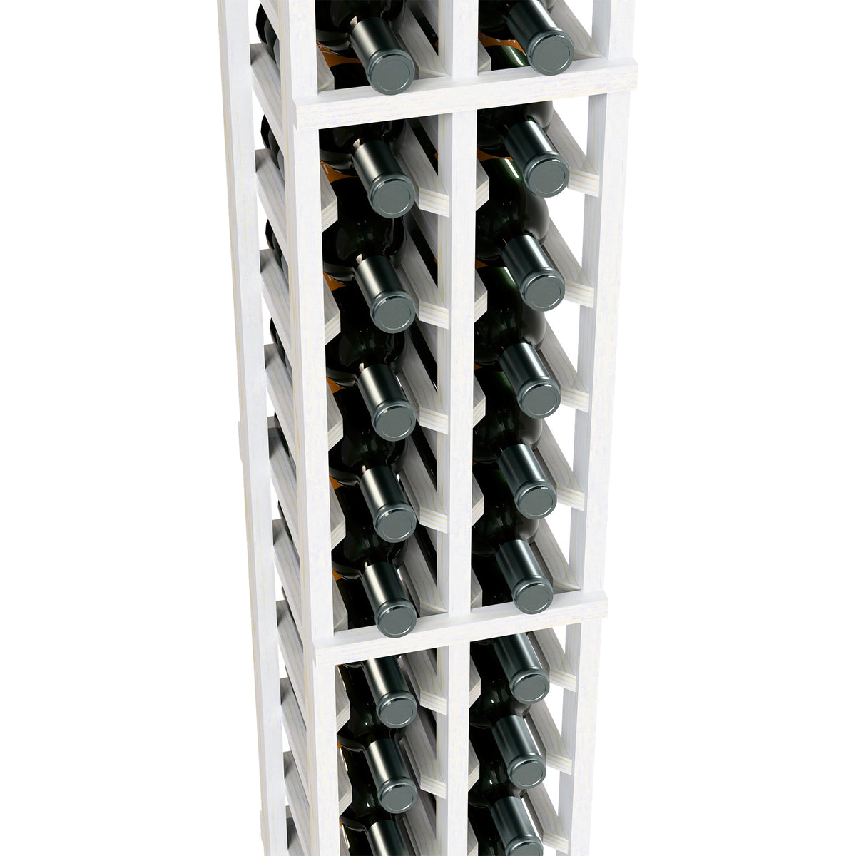 Close-up of white wine bottle rack with two columns and bottle slots