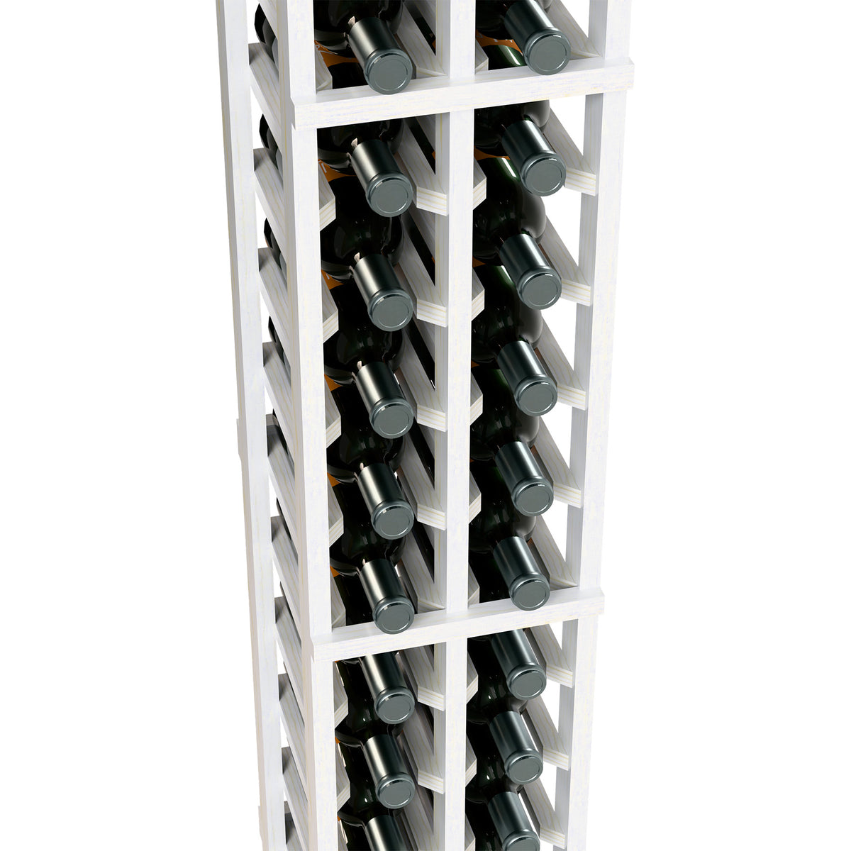 Close-up view of white wine bottle rack showing two-column bottle holders