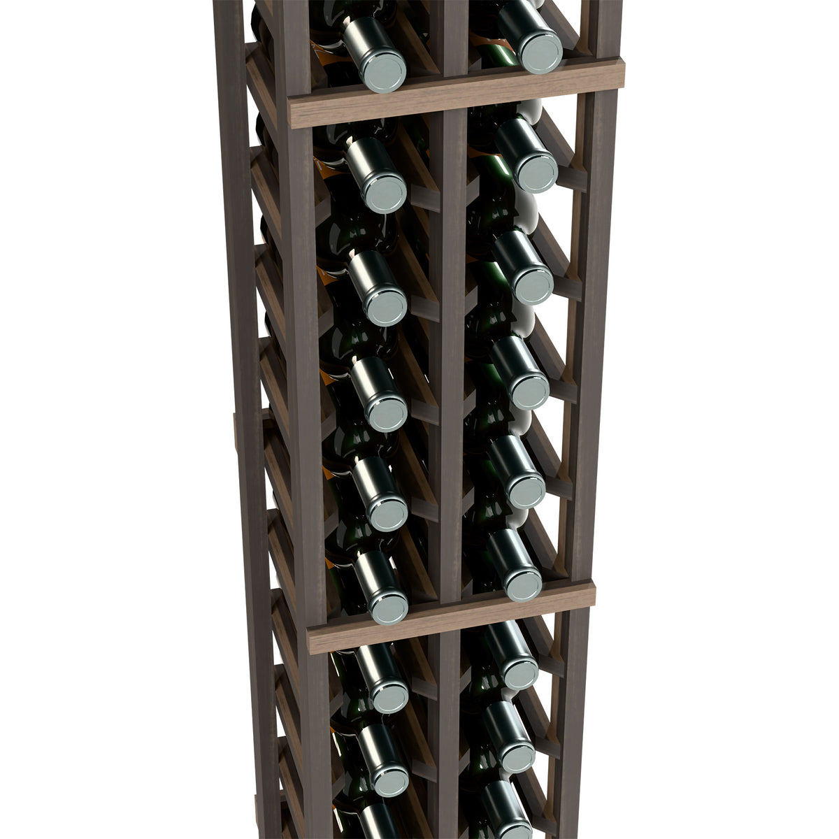 Close-up of dark stained two-column wine bottle rack with rows of bottle openings