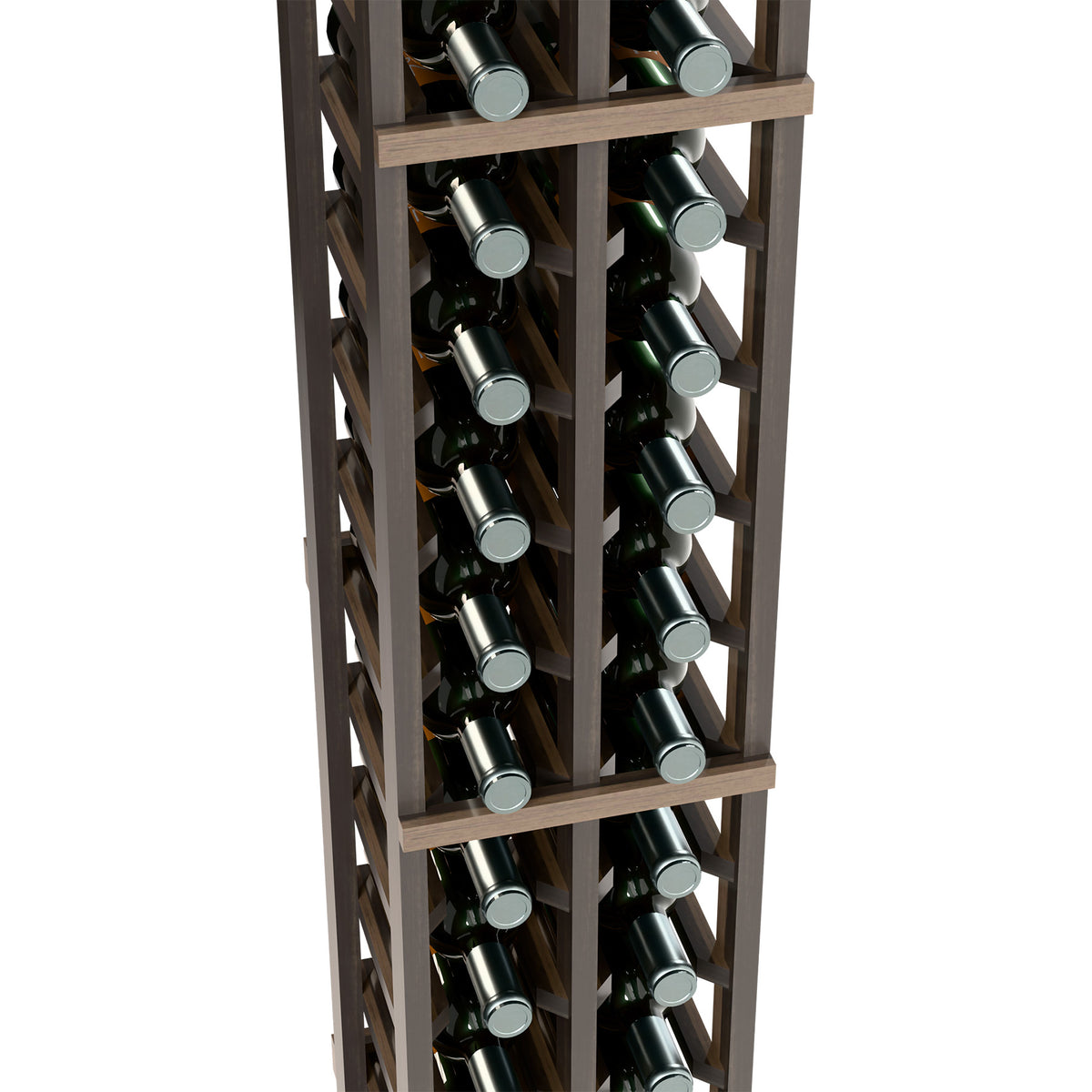 Close-up of dark stained wine bottle rack showing bottle necks in side-by-side rows