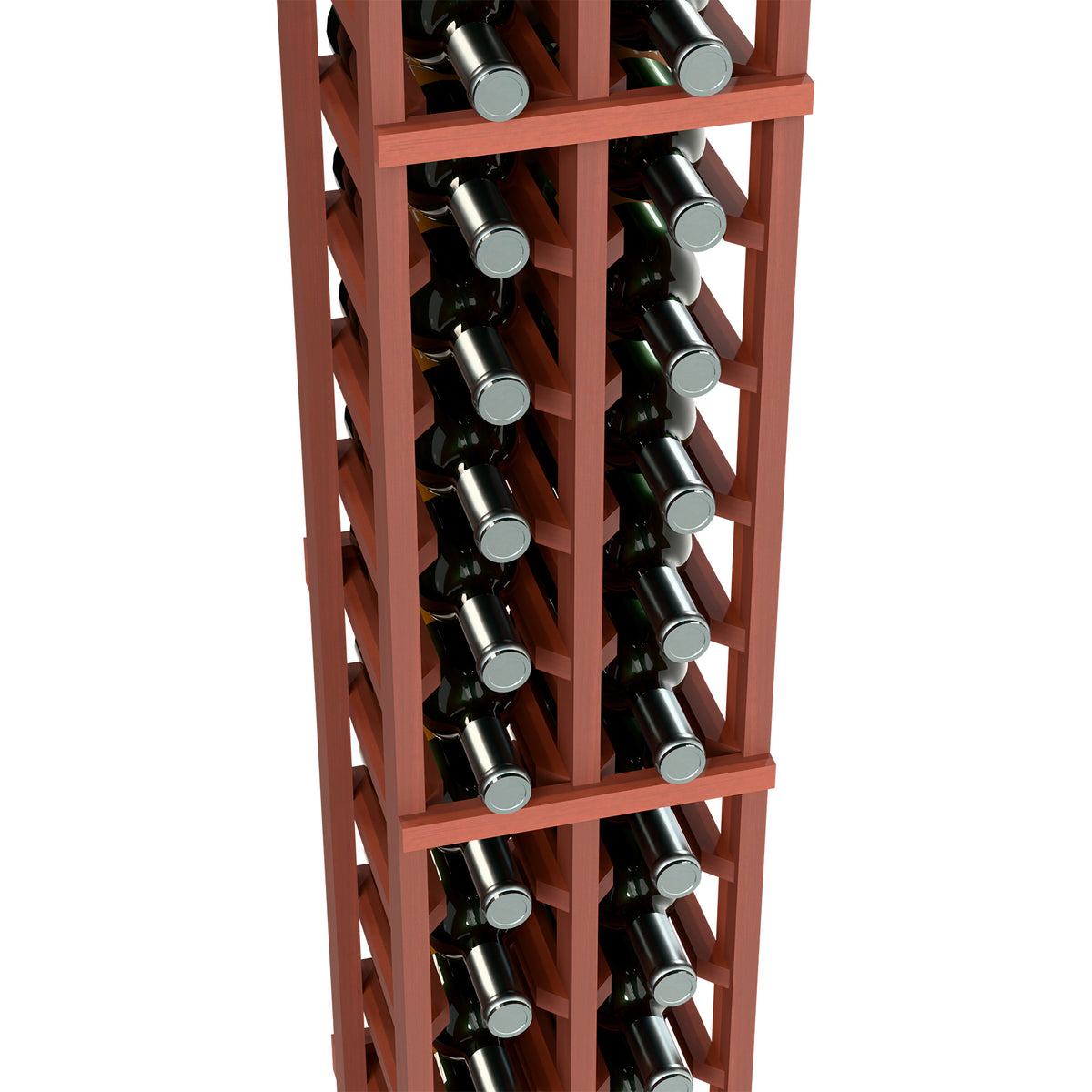 Close-up of reddish two-column wine bottle rack with bottles stored in vertical rows