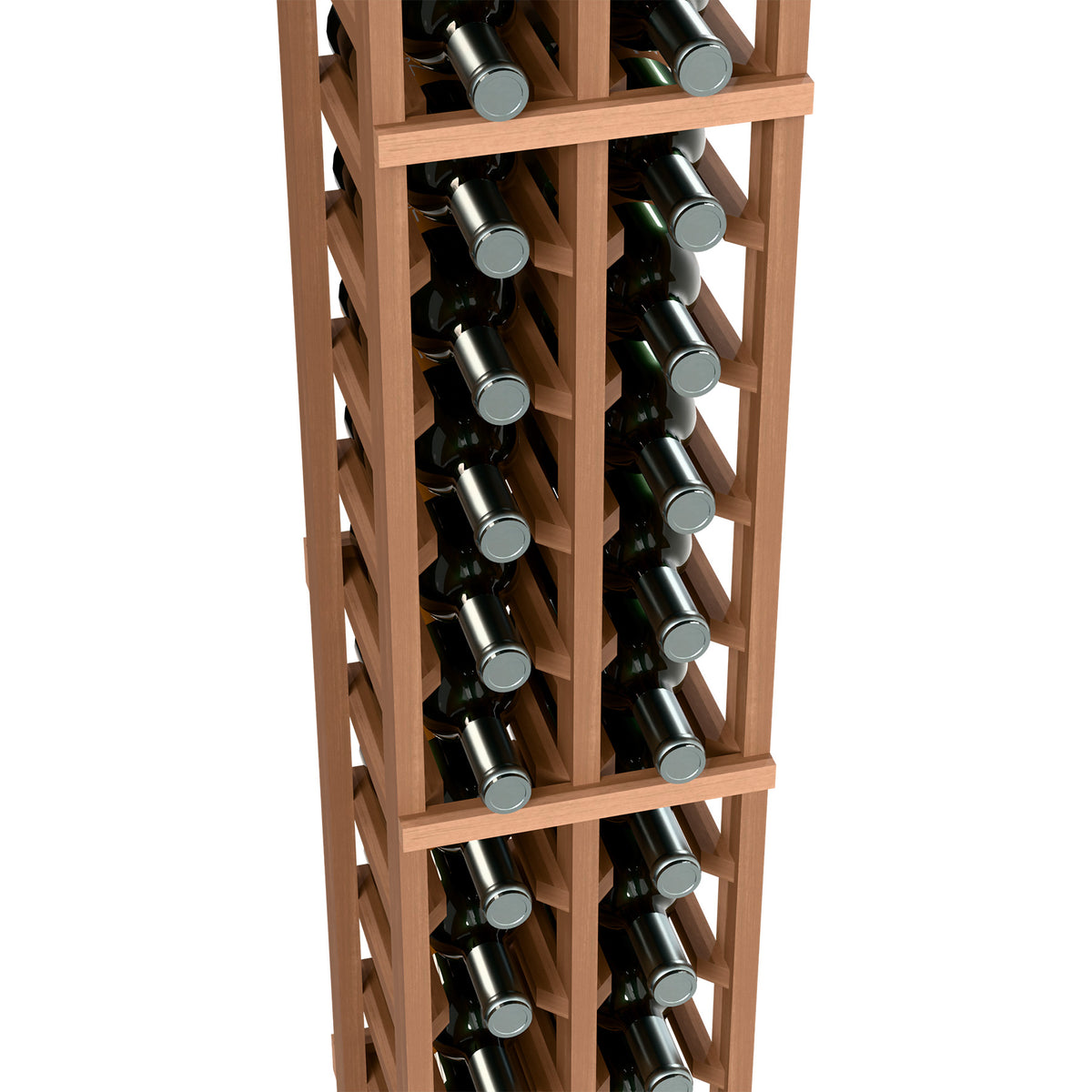 Close-up of light stained two-column wine bottle rack with rows of bottle openings