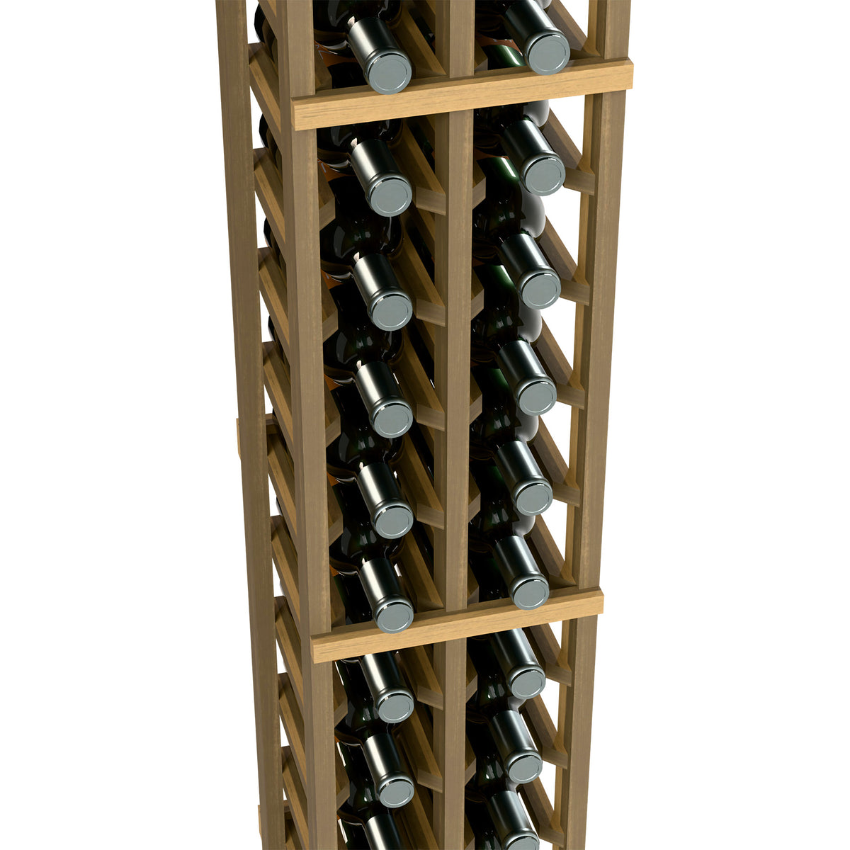 Light wood wine bottle rack close-up with two vertical bottle columns on shelves