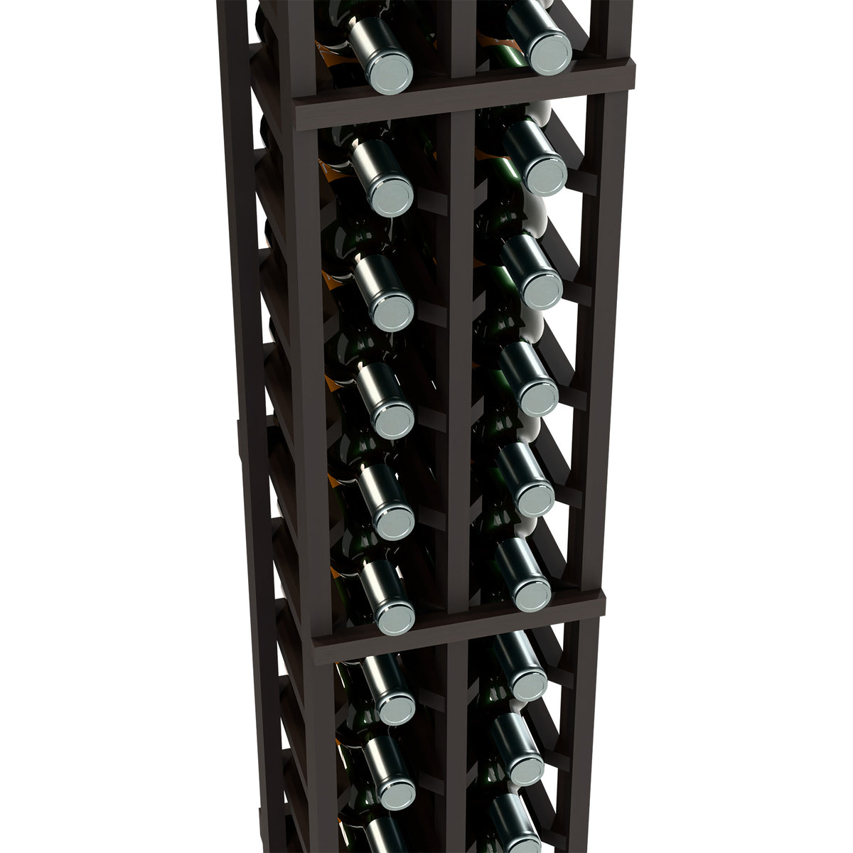 Dark wood wine bottle rack close-up: bottles arranged in two vertical columns