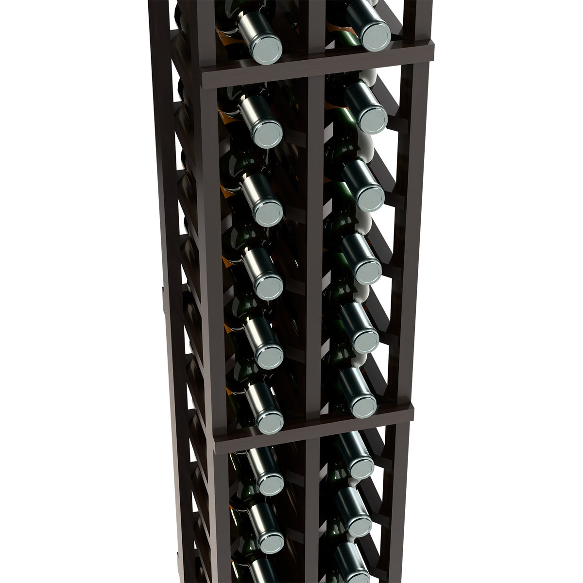 Dark wood wine bottle rack close-up showing two columns of wine bottles on shelves