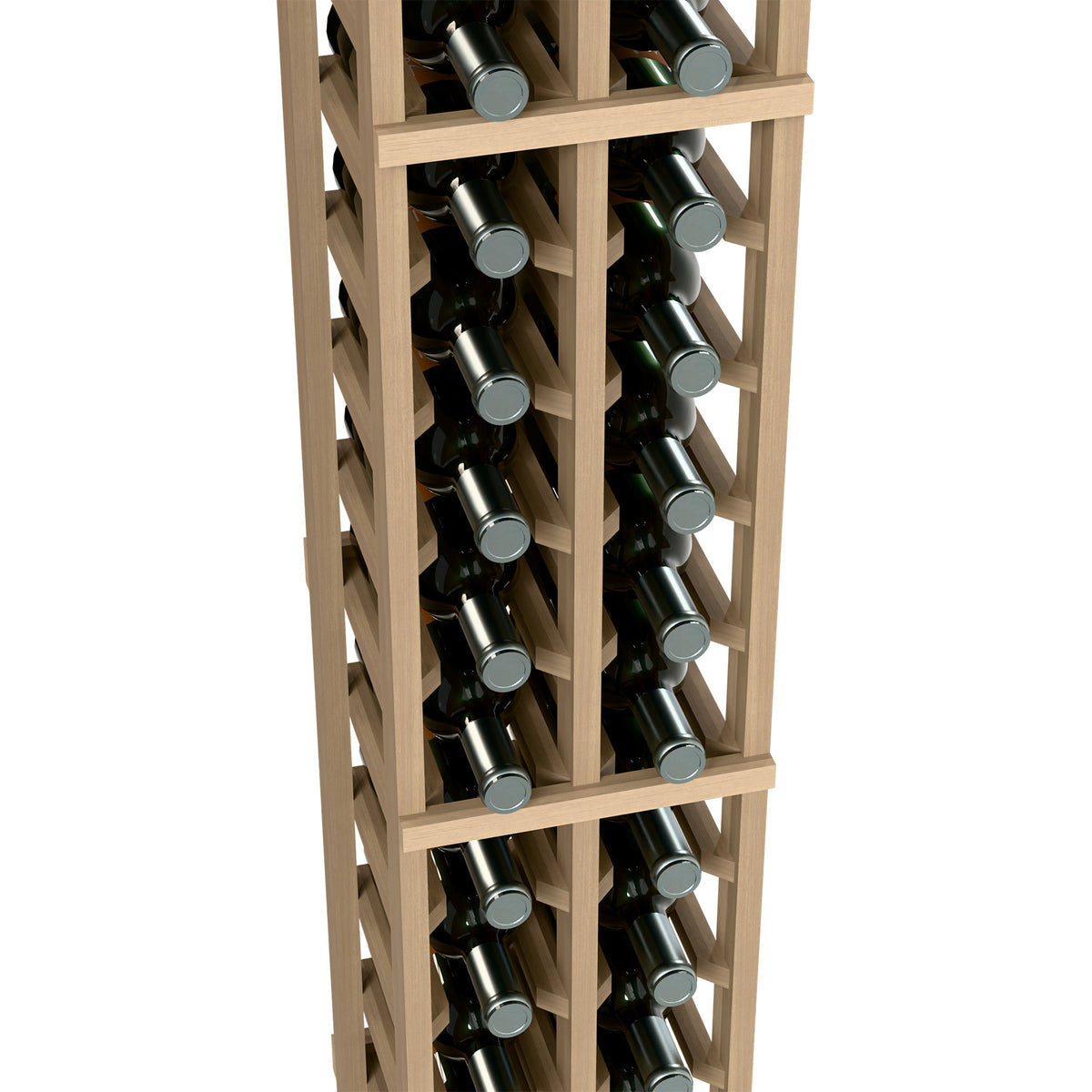 6-ft two-column wine bottle rack close-up, light wood shelves holding bottles