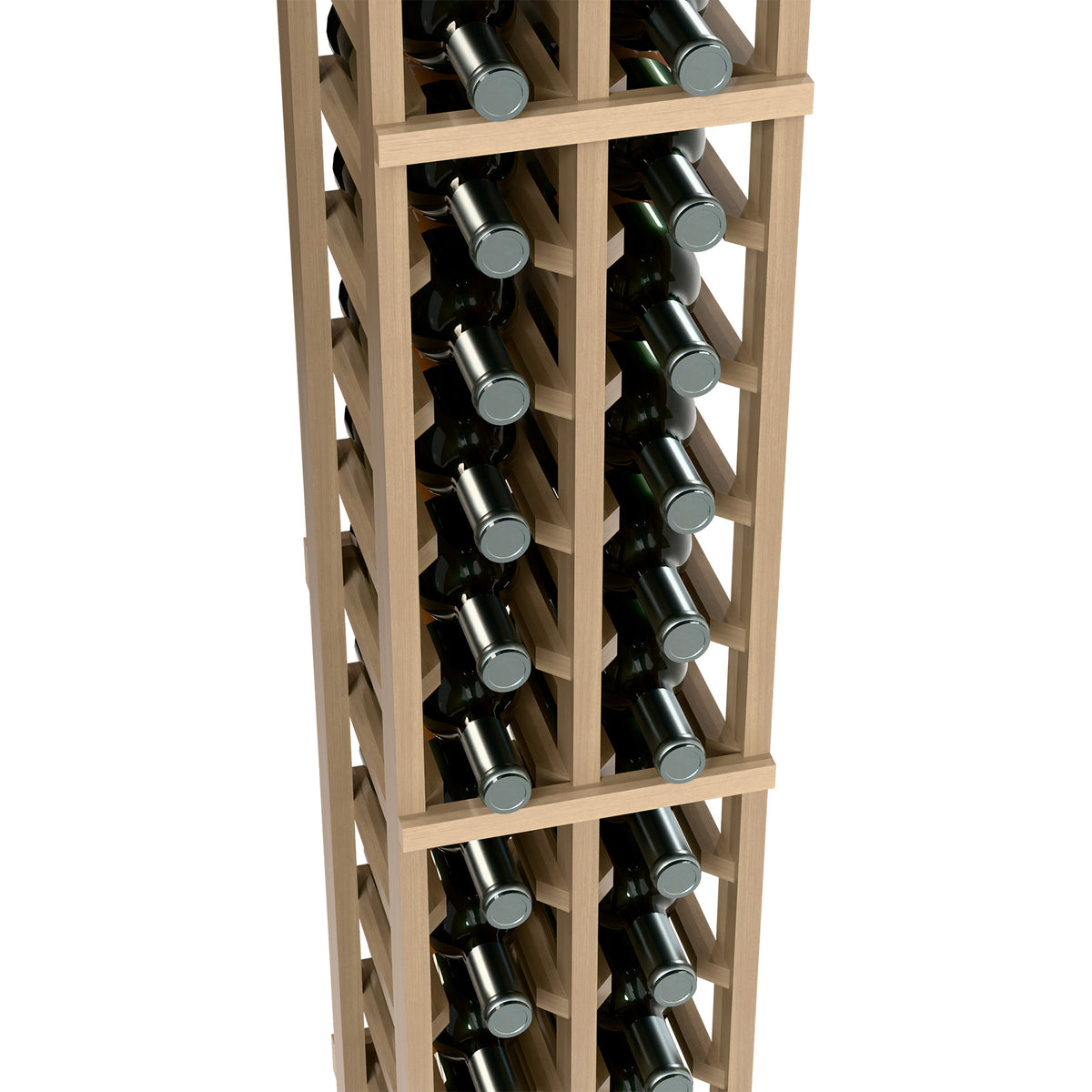 6-ft two-column wine bottle rack close-up, medium wood shelves with bottles