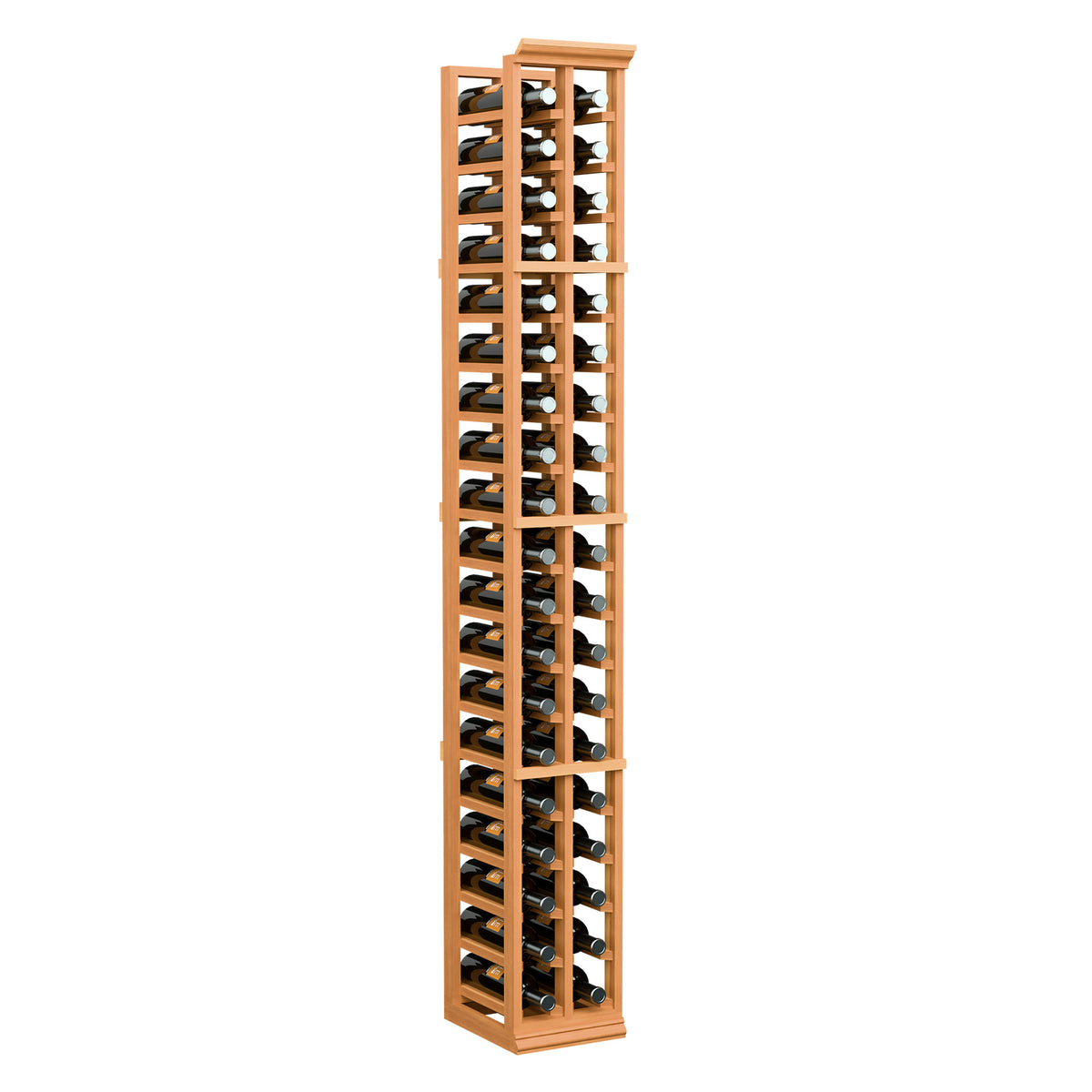 6-ft two-column wine bottle rack, warm orange wood frame with bottle slots