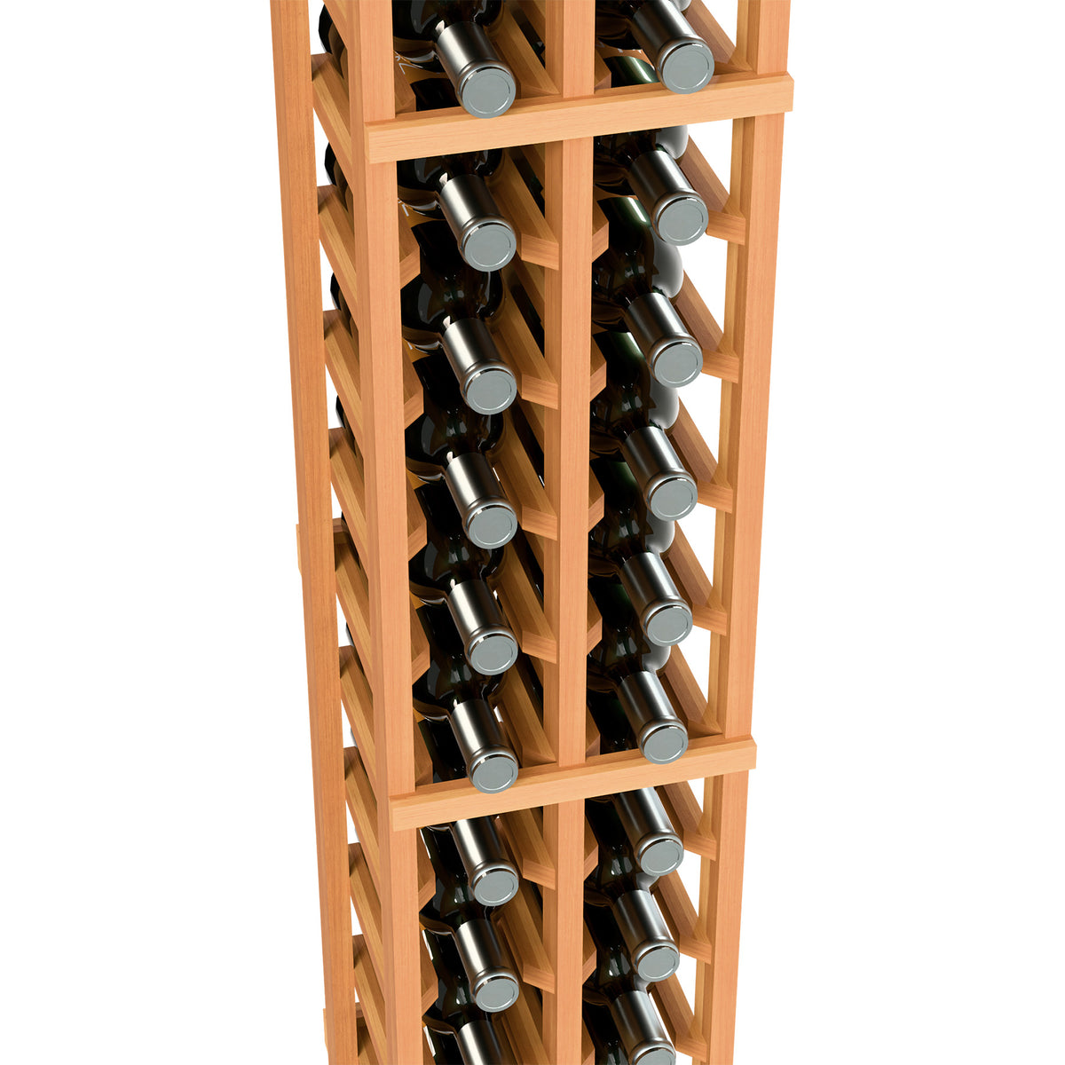 6-ft two-column wine bottle rack close-up, warm orange shelves holding bottles