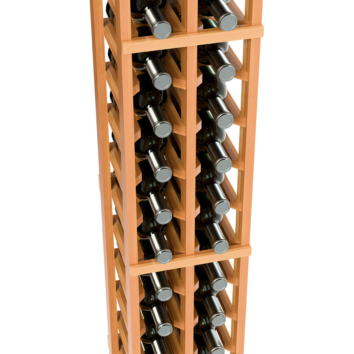 6-ft two-column wine bottle rack close-up, warm orange shelves holding bottles