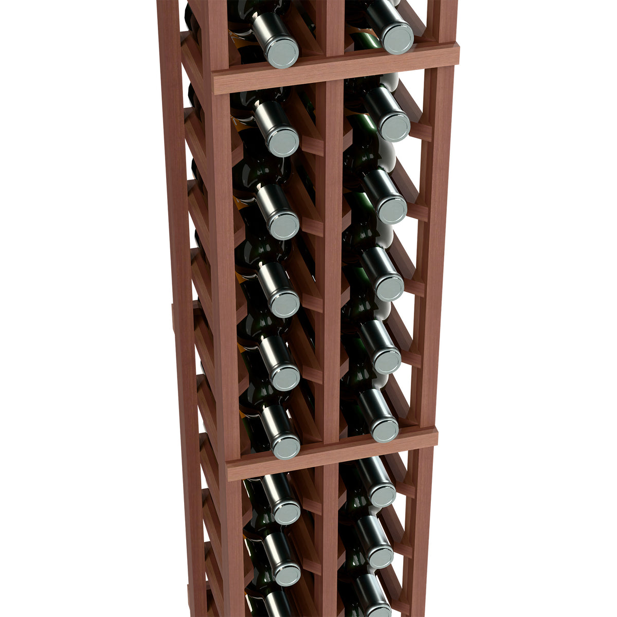 6-ft two-column wine bottle rack close-up, dark wood shelves holding bottles